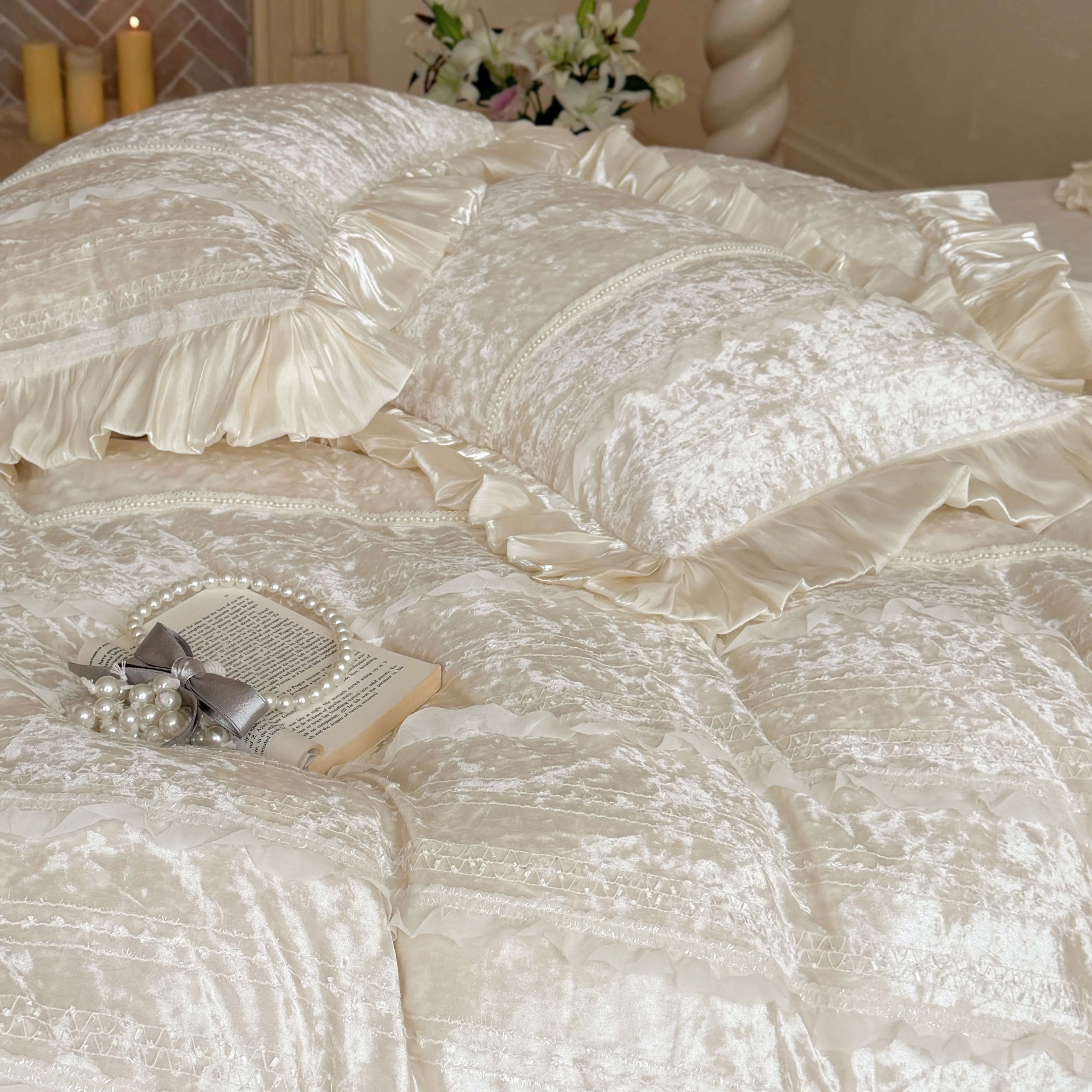 Romantic 380g Cloudy Matte Milk Velvet Ruffle Trim Patchwork Bedding Set07 Romantic 380g Cloudy Matte Milk Velvet Ruffle Trim Patchwork Bedding Set07