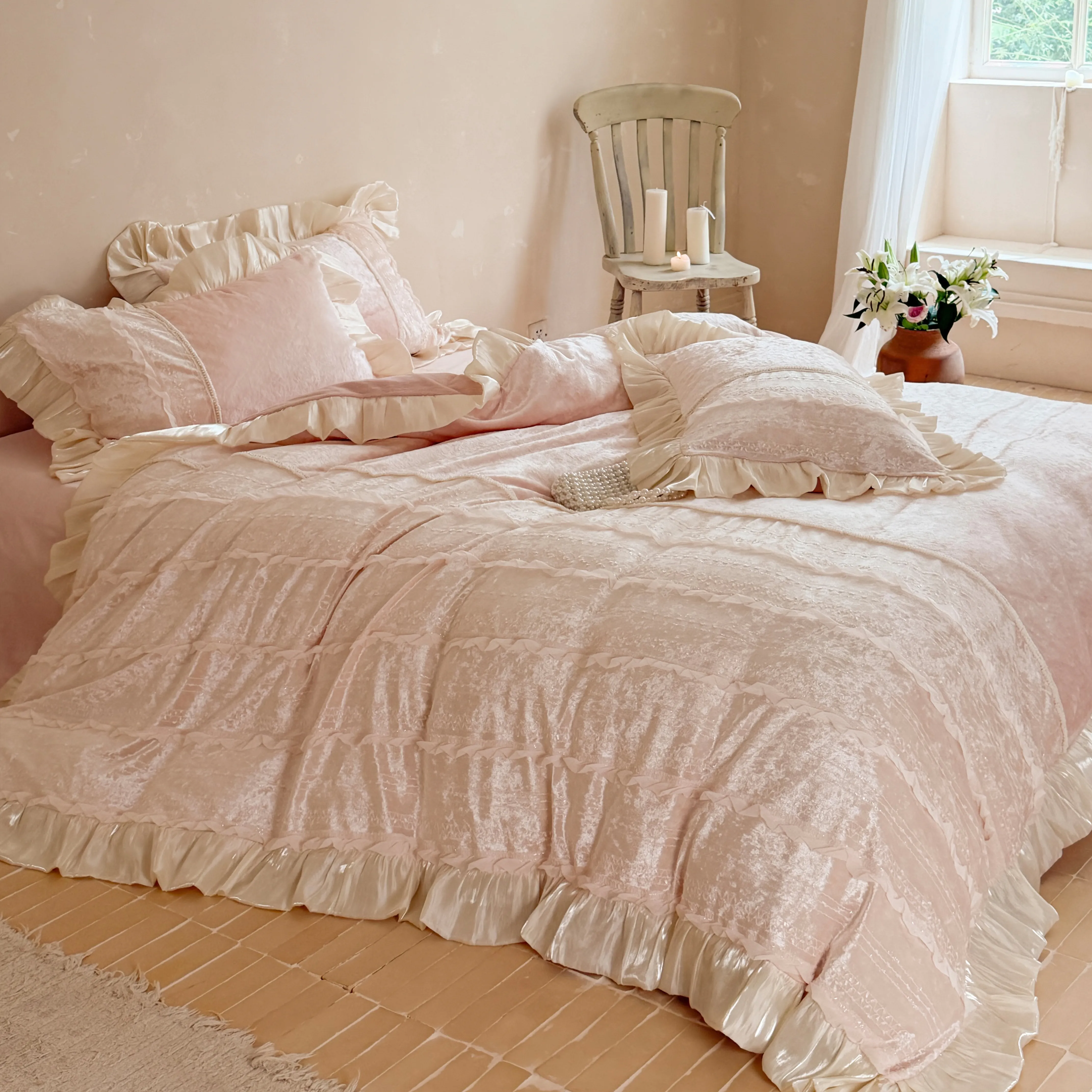 Romantic 380g Cloudy Matte Milk Velvet Ruffle Trim Patchwork Bedding Set09 Romantic 380g Cloudy Matte Milk Velvet Ruffle Trim Patchwork Bedding Set09