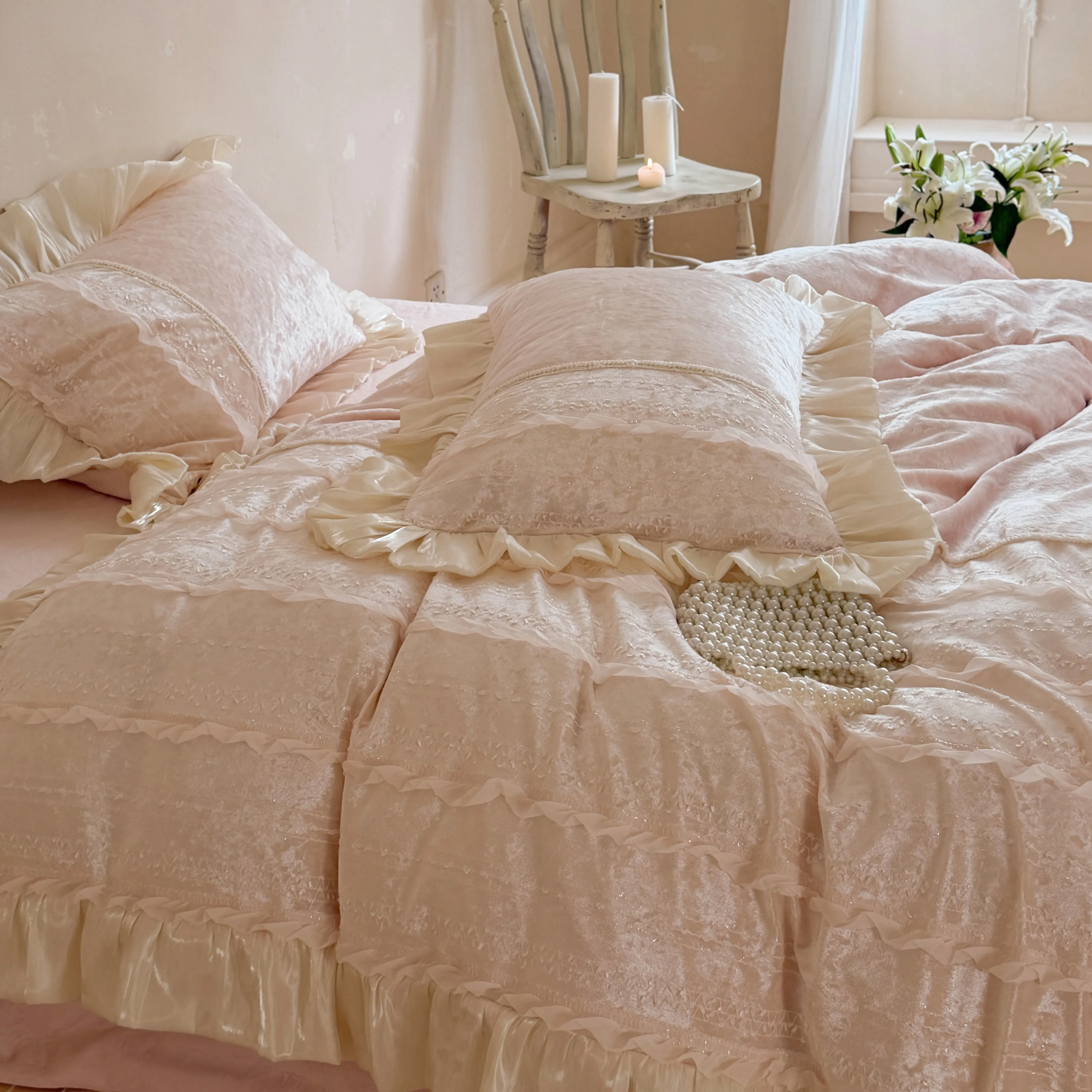 Romantic 380g Cloudy Matte Milk Velvet Ruffle Trim Patchwork Bedding Set13 Romantic 380g Cloudy Matte Milk Velvet Ruffle Trim Patchwork Bedding Set13