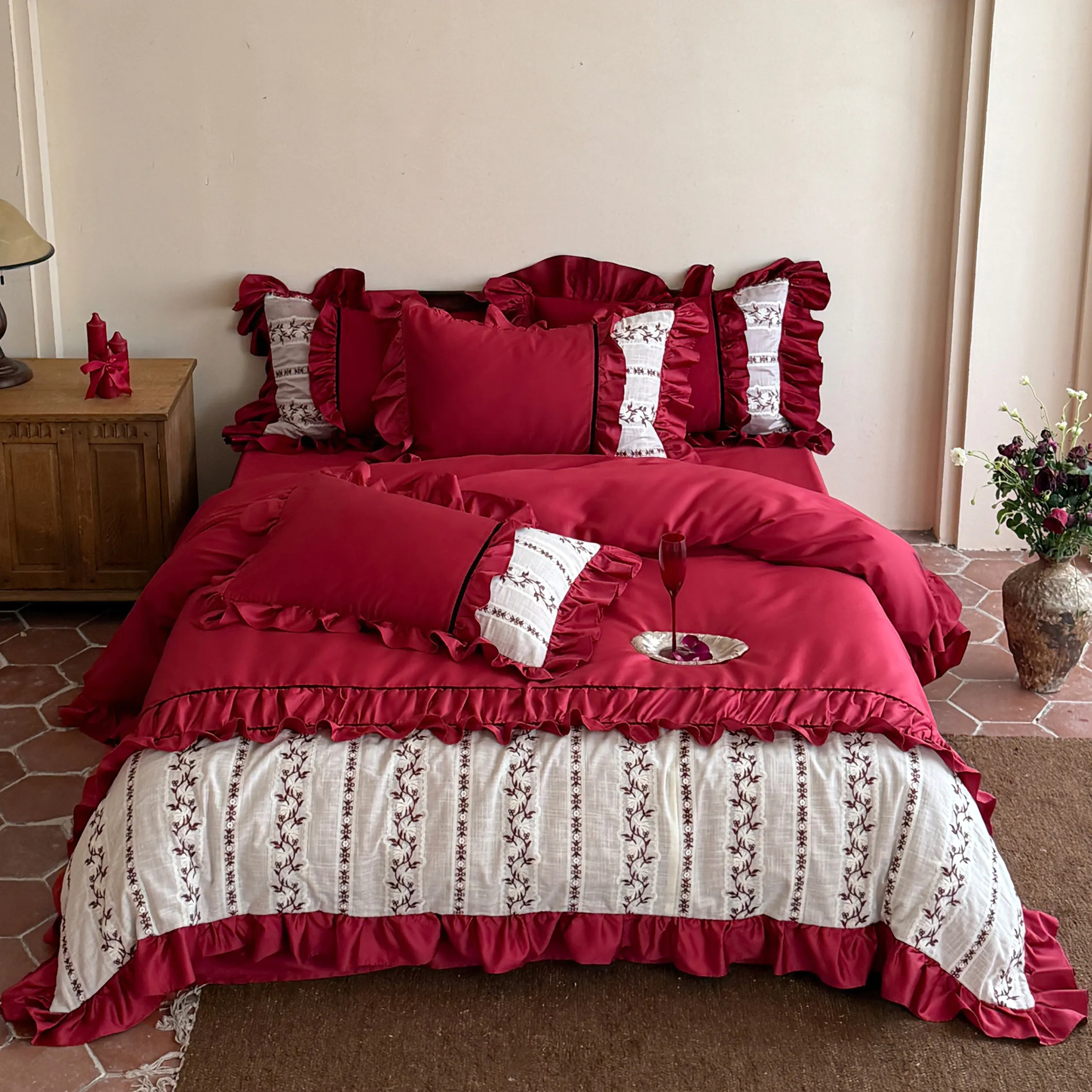 Romantic Crimson Vine Embroidered Long Staple Cotton Ruffle Duvet Cover Set01