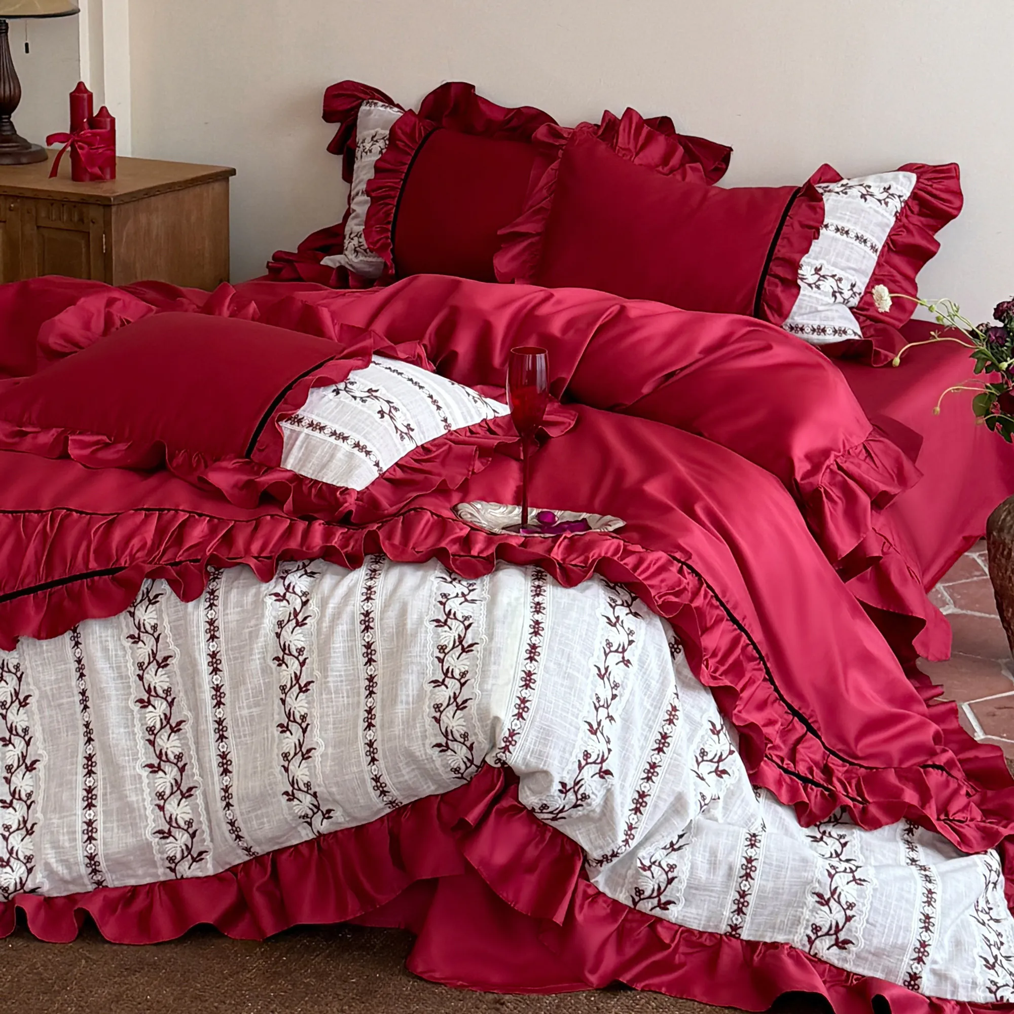 Romantic Crimson Vine Embroidered Long-Staple Cotton Ruffle Duvet Cover Set05 Romantic Crimson Vine Embroidered Long Staple Cotton Ruffle Duvet Cover Set05