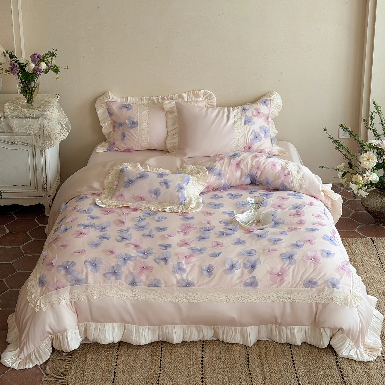 Romantic Princess Blush Pink 3D Floral 100s Cotton Ruffle 4 Piece Bedding Set01