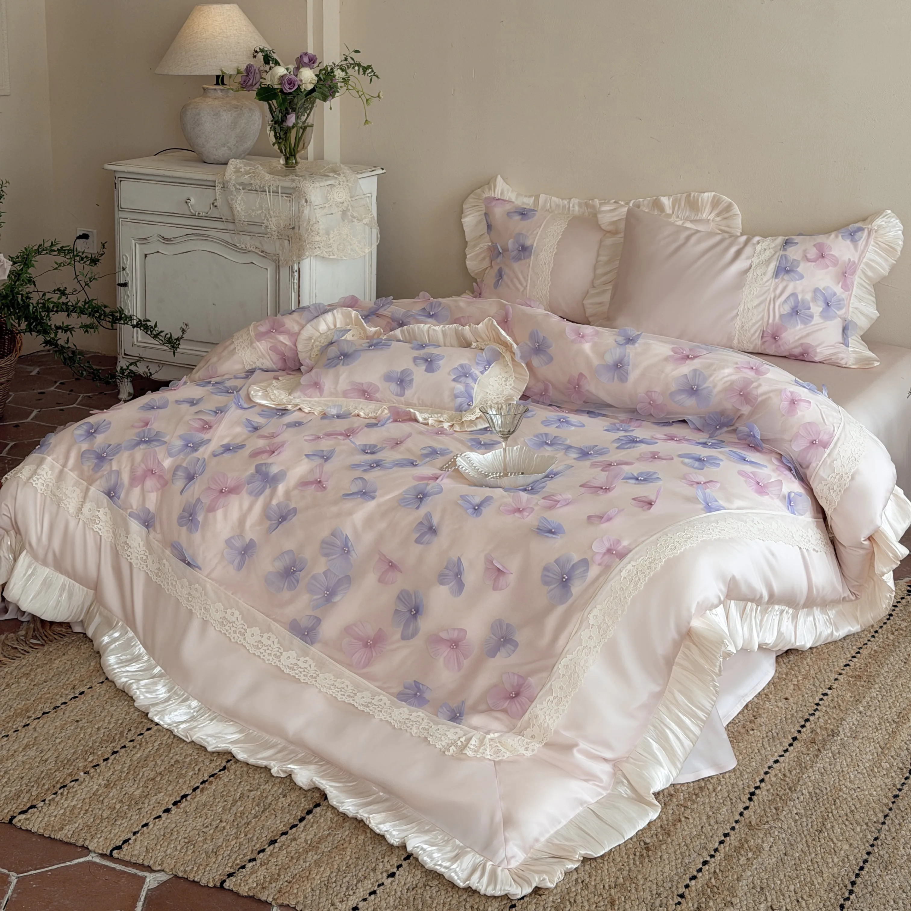 Romantic Princess Blush Pink 3D Floral 100s Cotton Ruffle 4 Piece Bedding Set02