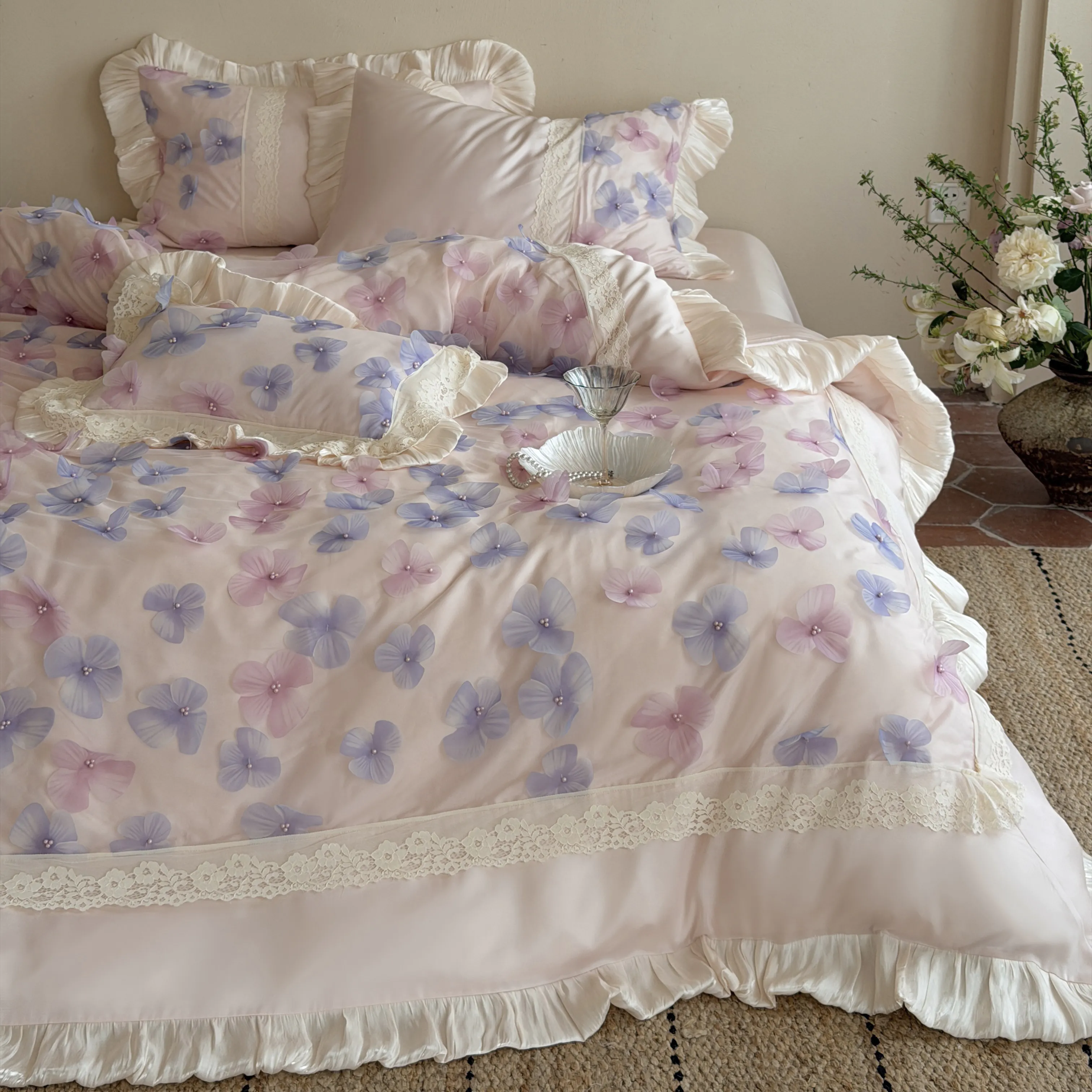 Romantic Princess Blush Pink 3D Floral 100s Cotton Ruffle 4-Piece Bedding Set03 Romantic Princess Blush Pink 3D Floral 100s Cotton Ruffle 4 Piece Bedding Set03