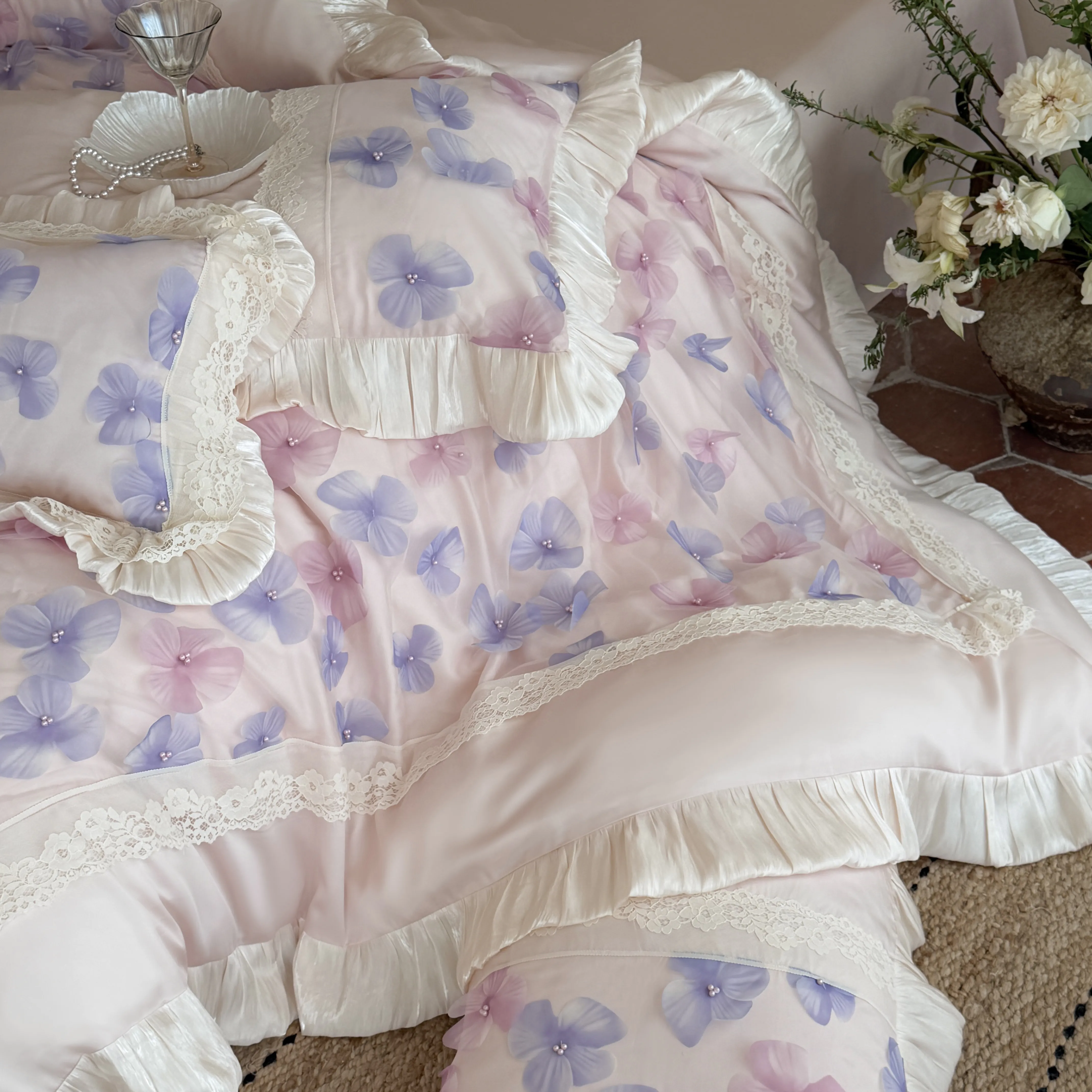 Romantic Princess Blush Pink 3D Floral 100s Cotton Ruffle 4-Piece Bedding Set06 Romantic Princess Blush Pink 3D Floral 100s Cotton Ruffle 4 Piece Bedding Set06