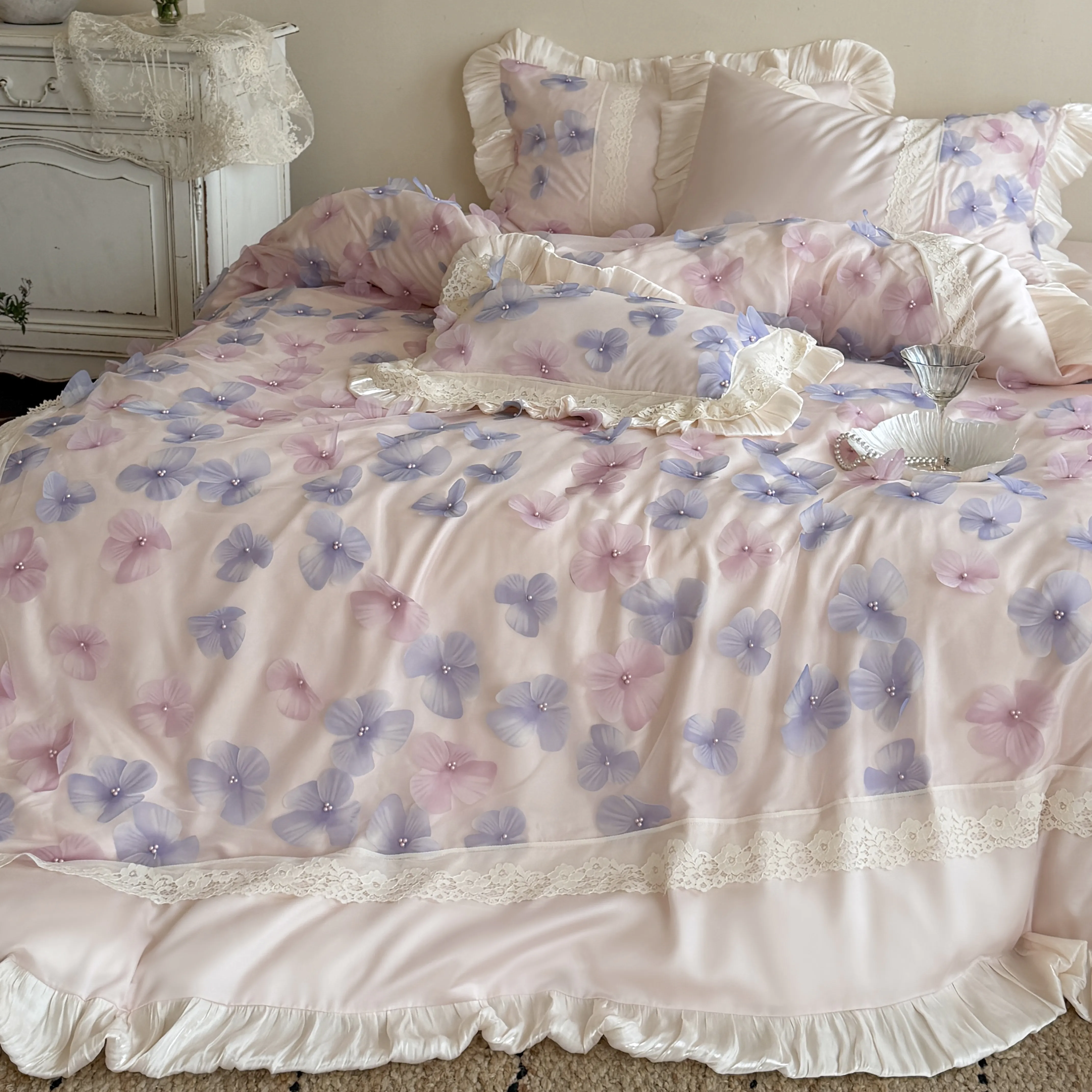 Romantic Princess Blush Pink 3D Floral 100s Cotton Ruffle 4-Piece Bedding Set07 Romantic Princess Blush Pink 3D Floral 100s Cotton Ruffle 4 Piece Bedding Set07
