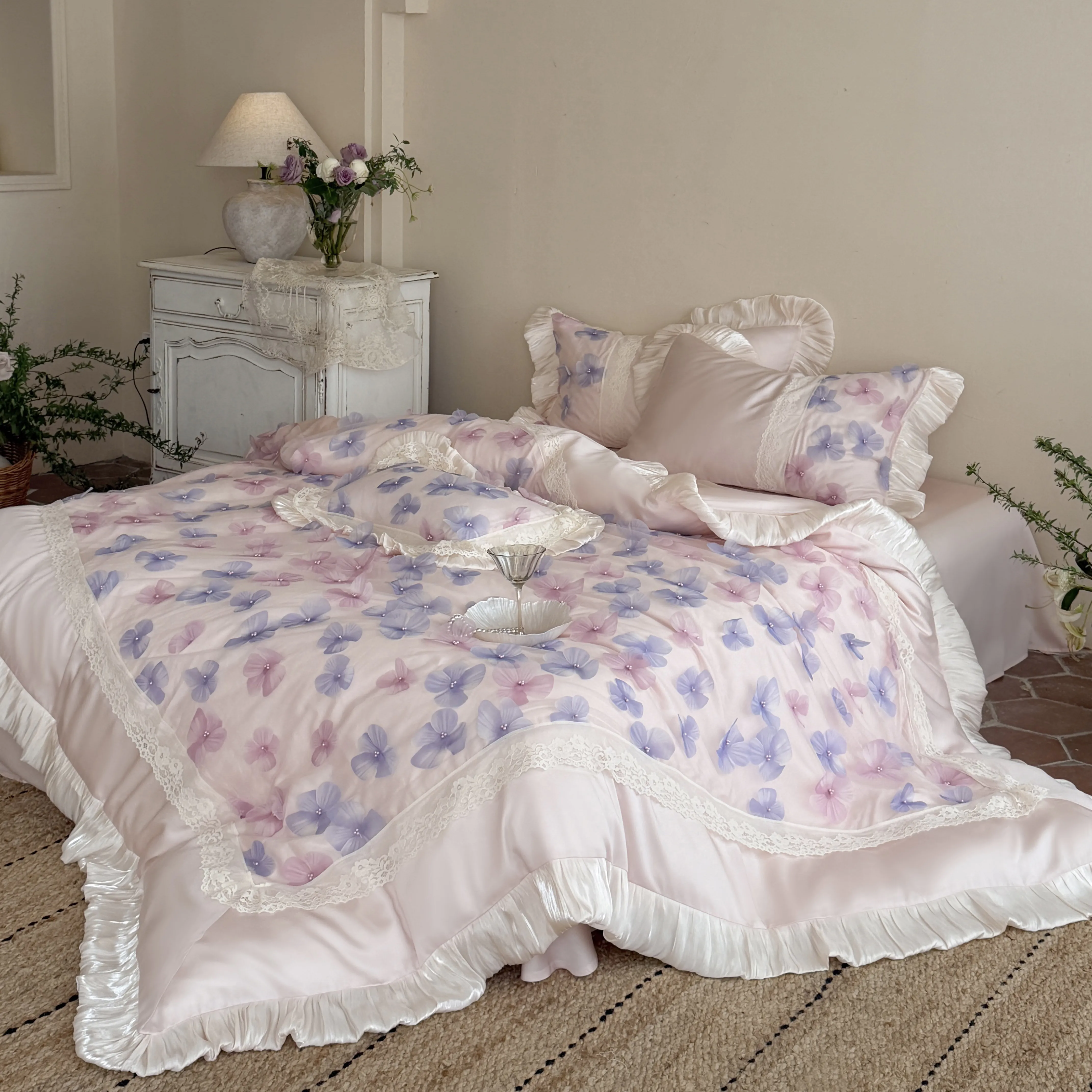 Romantic Princess Blush Pink 3D Floral 100s Cotton Ruffle 4-Piece Bedding Set08 Romantic Princess Blush Pink 3D Floral 100s Cotton Ruffle 4 Piece Bedding Set08