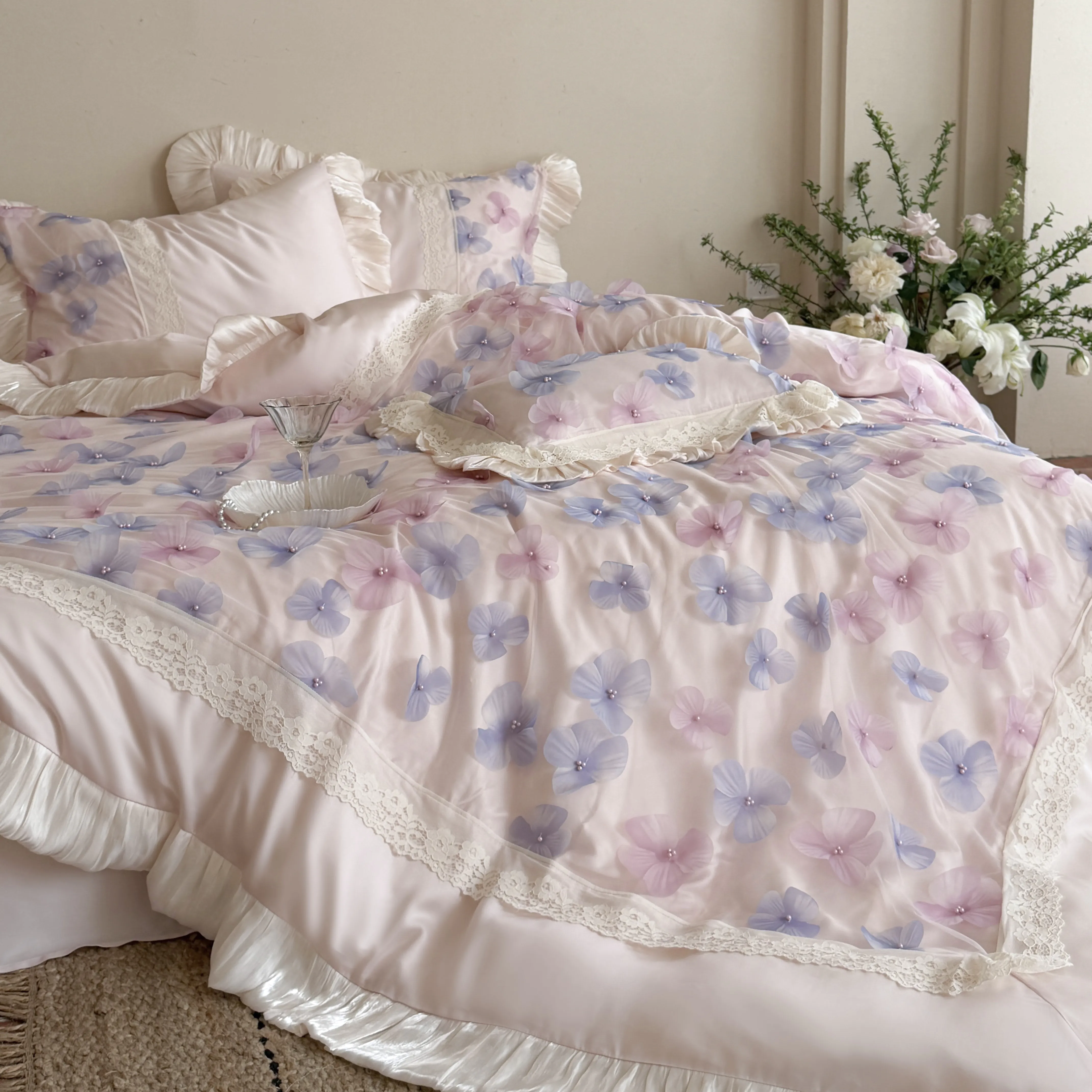 Romantic Princess Blush Pink 3D Floral 100s Cotton Ruffle 4-Piece Bedding Set09 Romantic Princess Blush Pink 3D Floral 100s Cotton Ruffle 4 Piece Bedding Set09