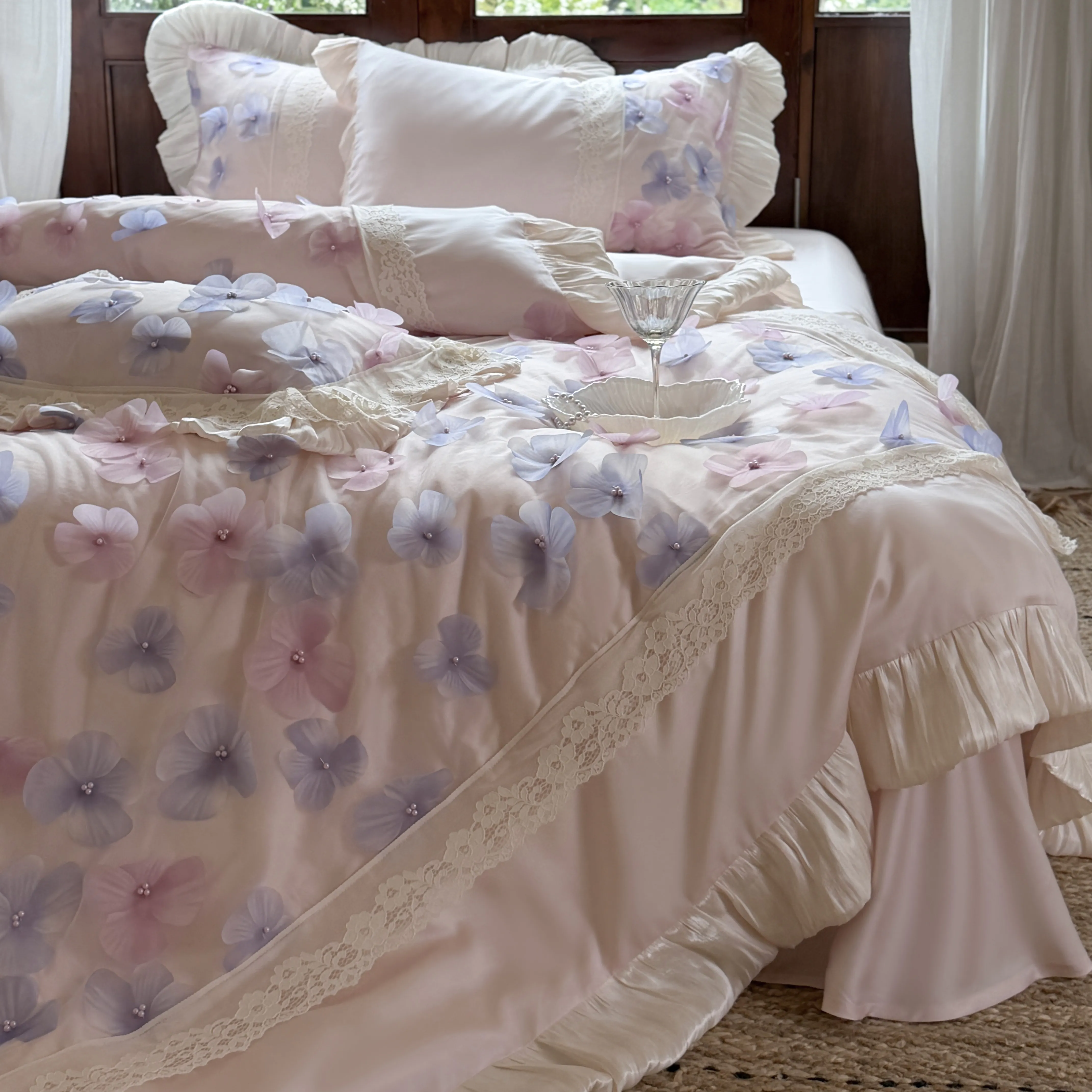 Romantic Princess Blush Pink 3D Floral 100s Cotton Ruffle 4-Piece Bedding Set10 Romantic Princess Blush Pink 3D Floral 100s Cotton Ruffle 4 Piece Bedding Set10