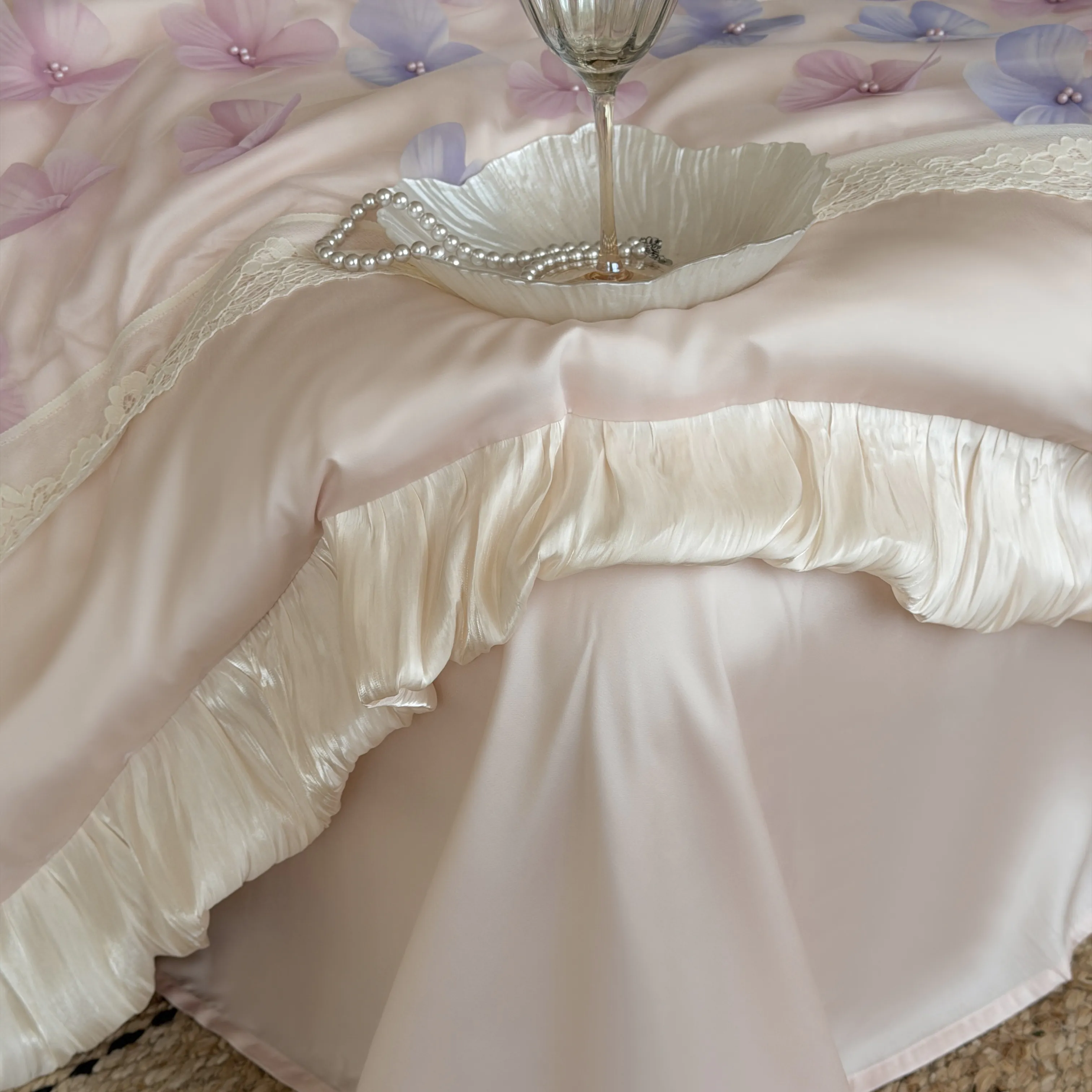 Romantic Princess Blush Pink 3D Floral 100s Cotton Ruffle 4-Piece Bedding Set16 Romantic Princess Blush Pink 3D Floral 100s Cotton Ruffle 4 Piece Bedding Set16