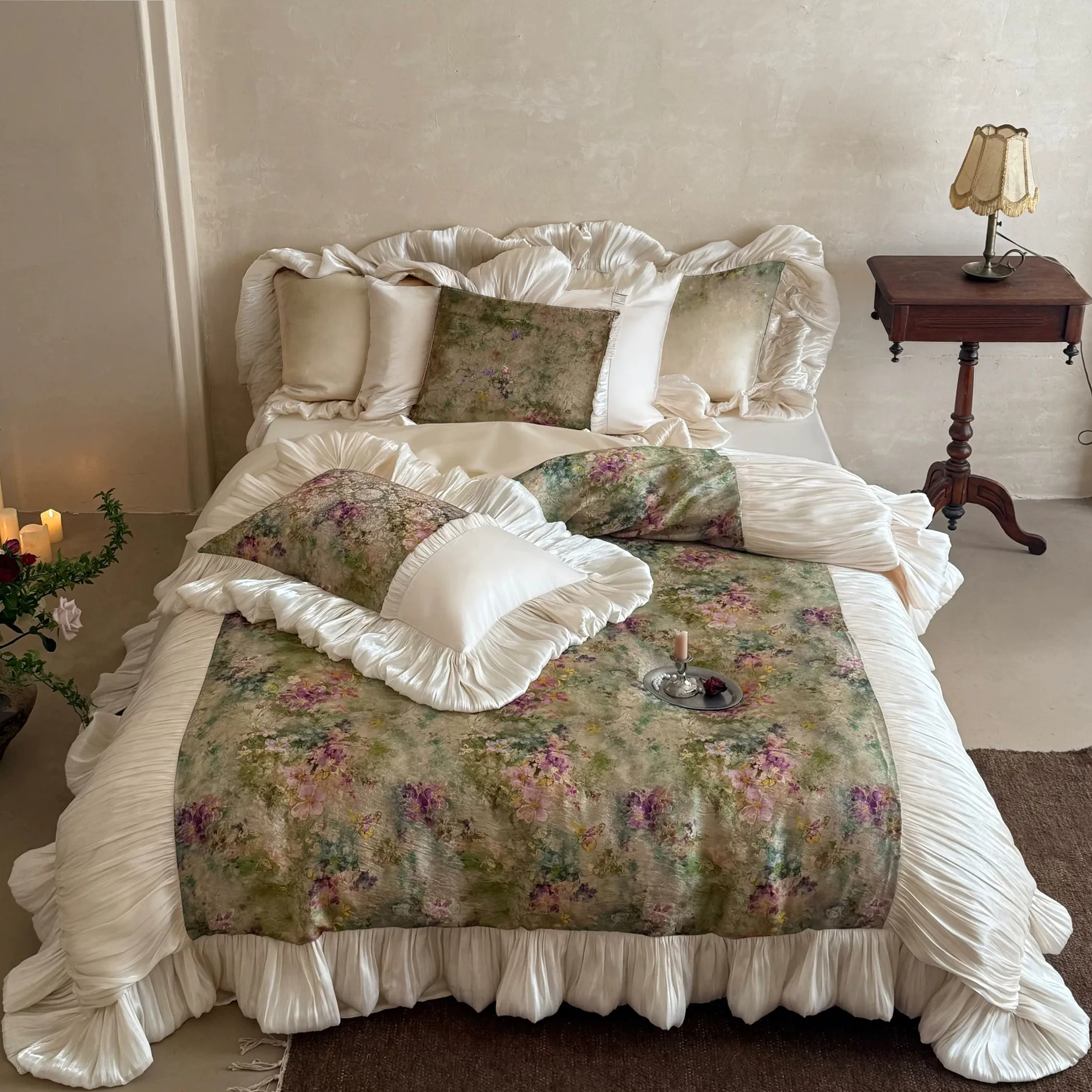 Rustic Vintage Floral Jacquard Crinkle Pleated Skirt 100 Cotton Bedding Set01