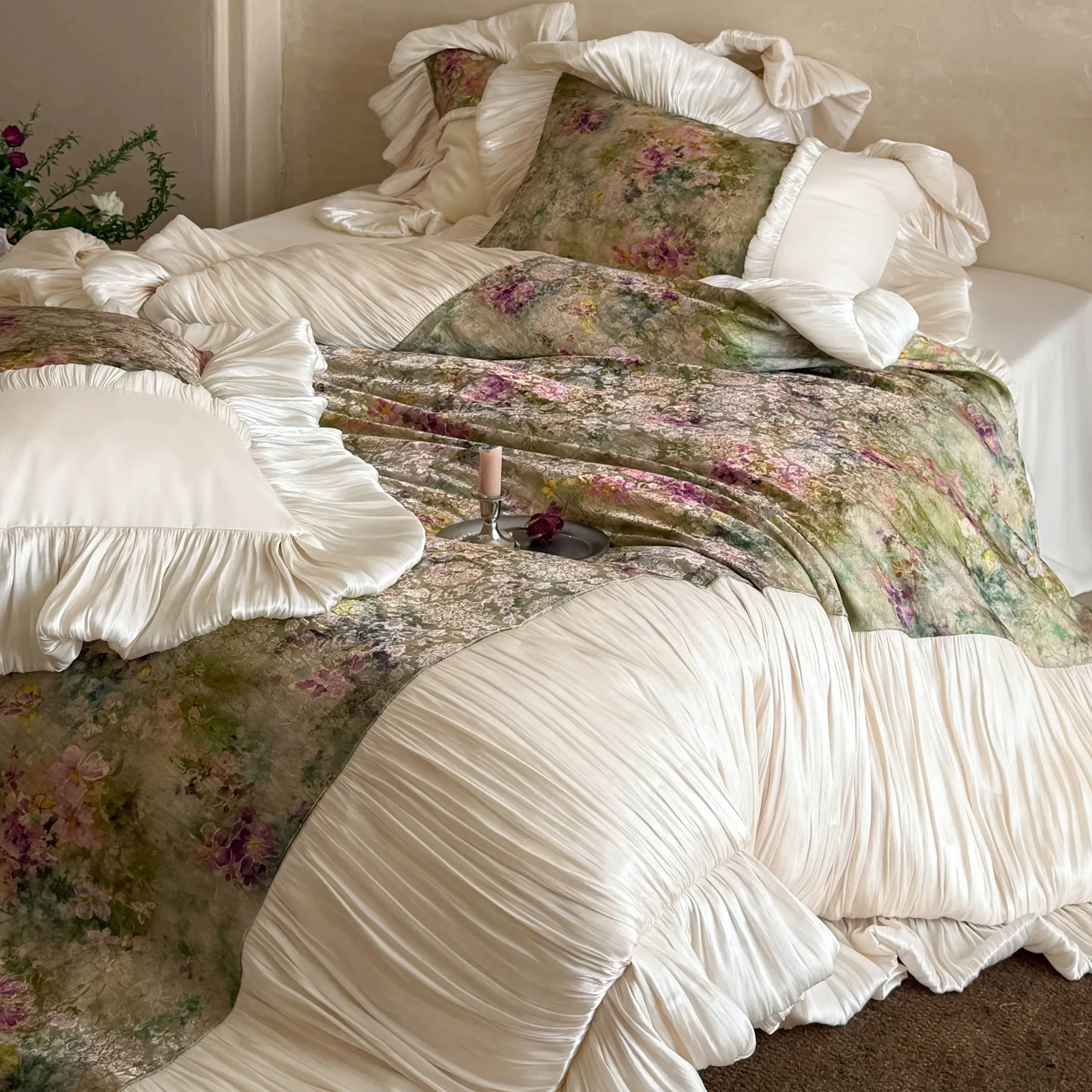 Rustic Vintage Floral Jacquard Crinkle Pleated Skirt 100 Cotton Bedding Set02