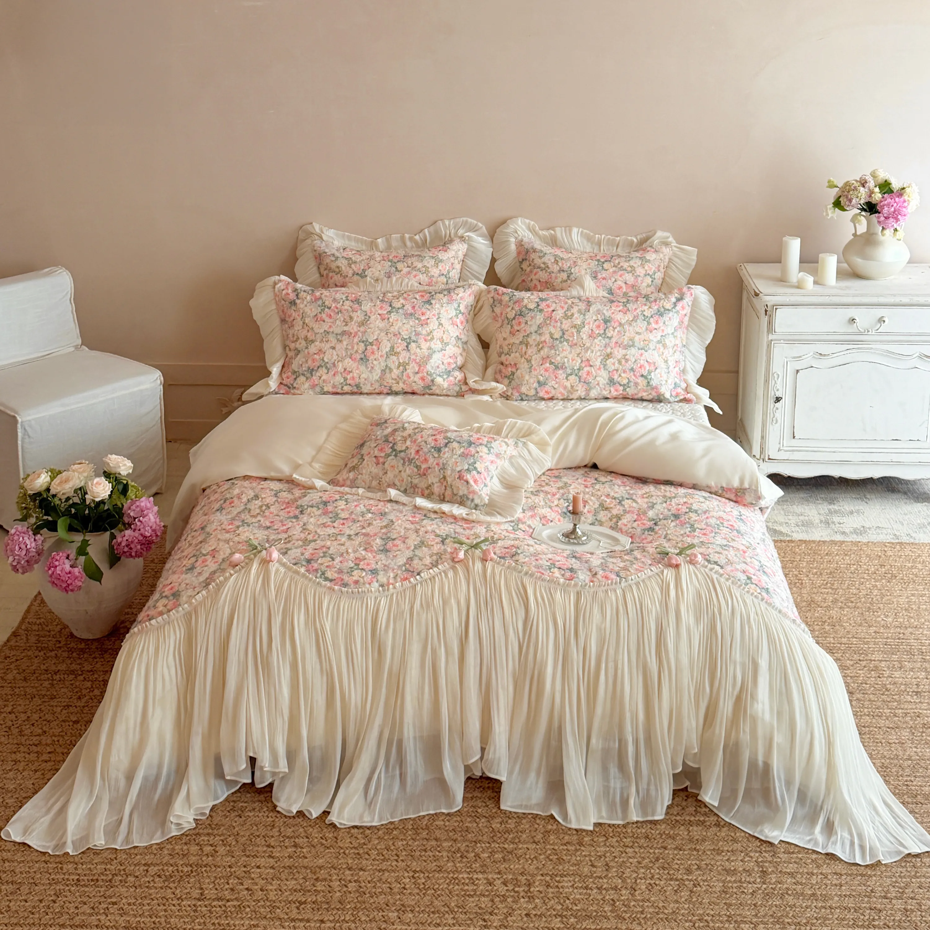 Shabby Chic Princess 100S Pure Cotton Floral Tulle Ruffle Bedding 4-Piece Set