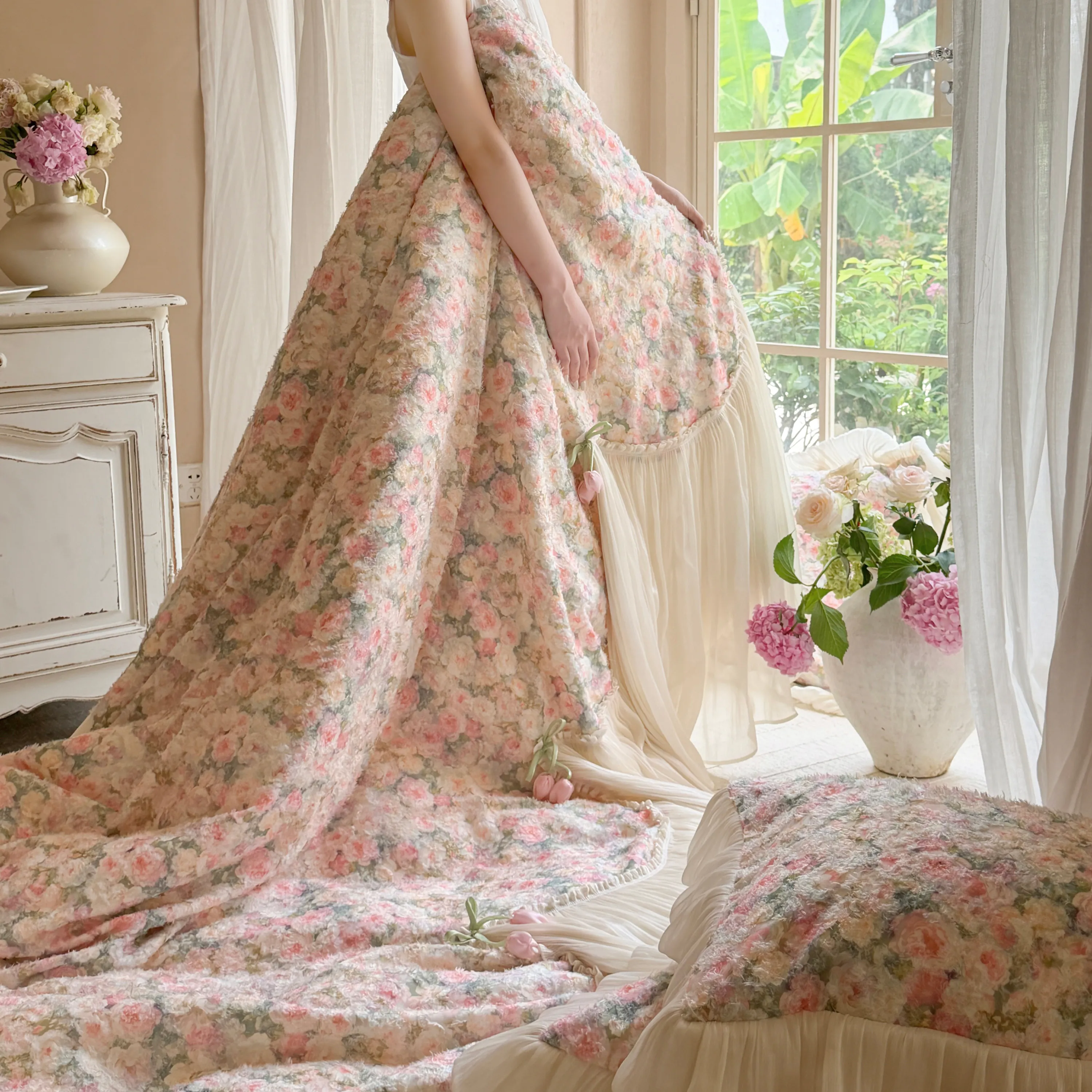 Shabby Chic Princess 100S Pure Cotton Floral Tulle Ruffle Bedding 4-Piece Set03