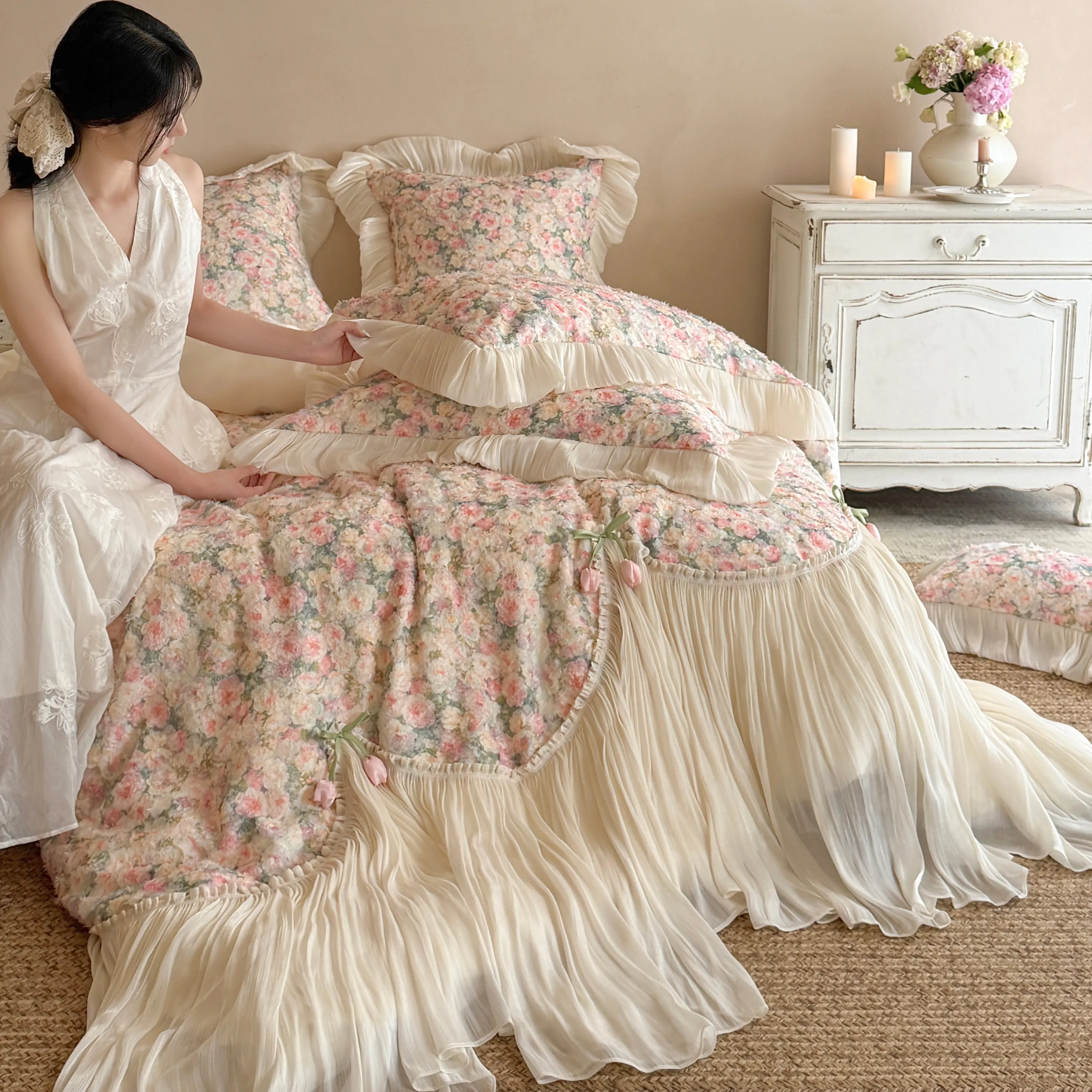 Shabby Chic Princess 100S Pure Cotton Floral Tulle Ruffle Bedding 4-Piece Set04