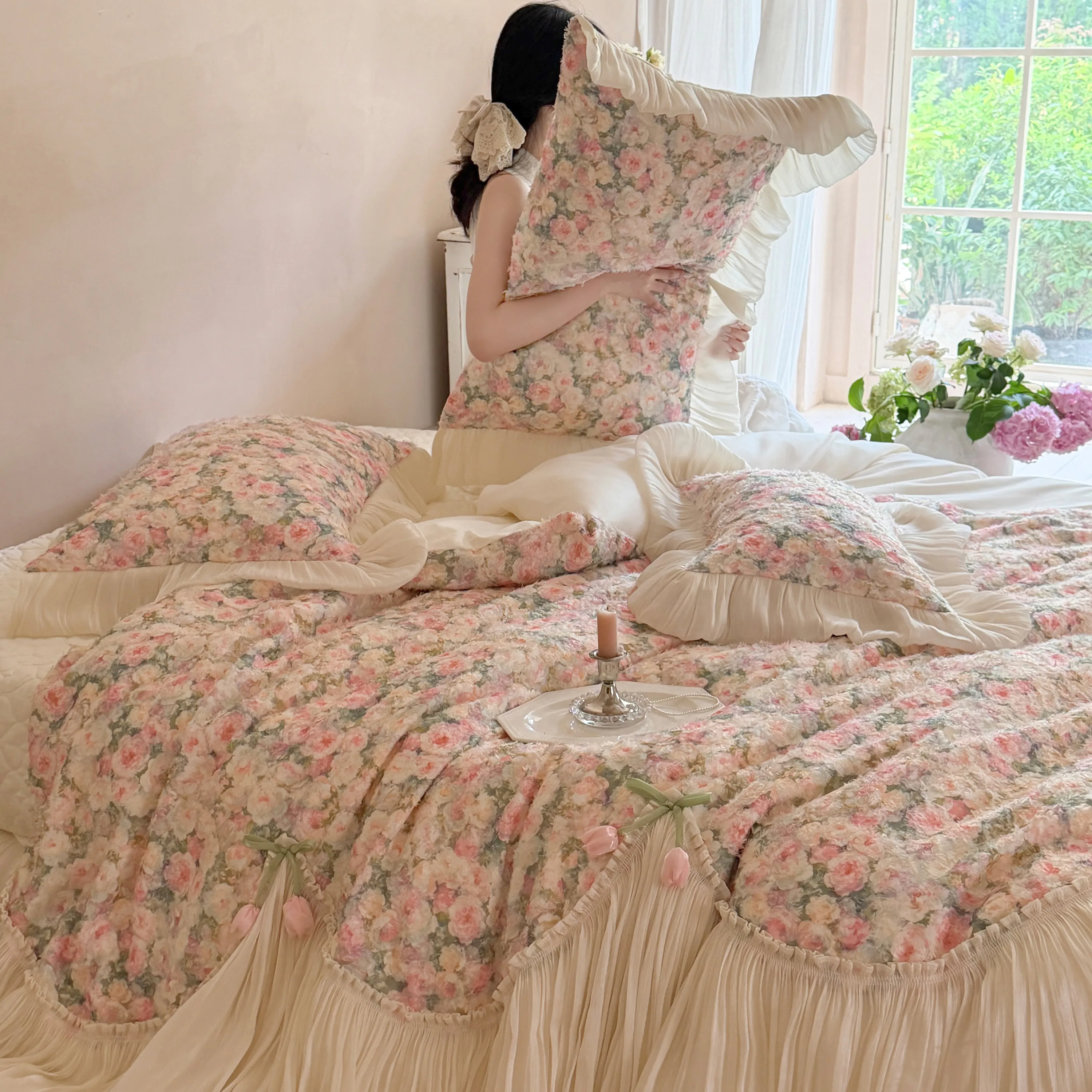 Shabby Chic Princess 100S Pure Cotton Floral Tulle Ruffle Bedding 4-Piece Set05
