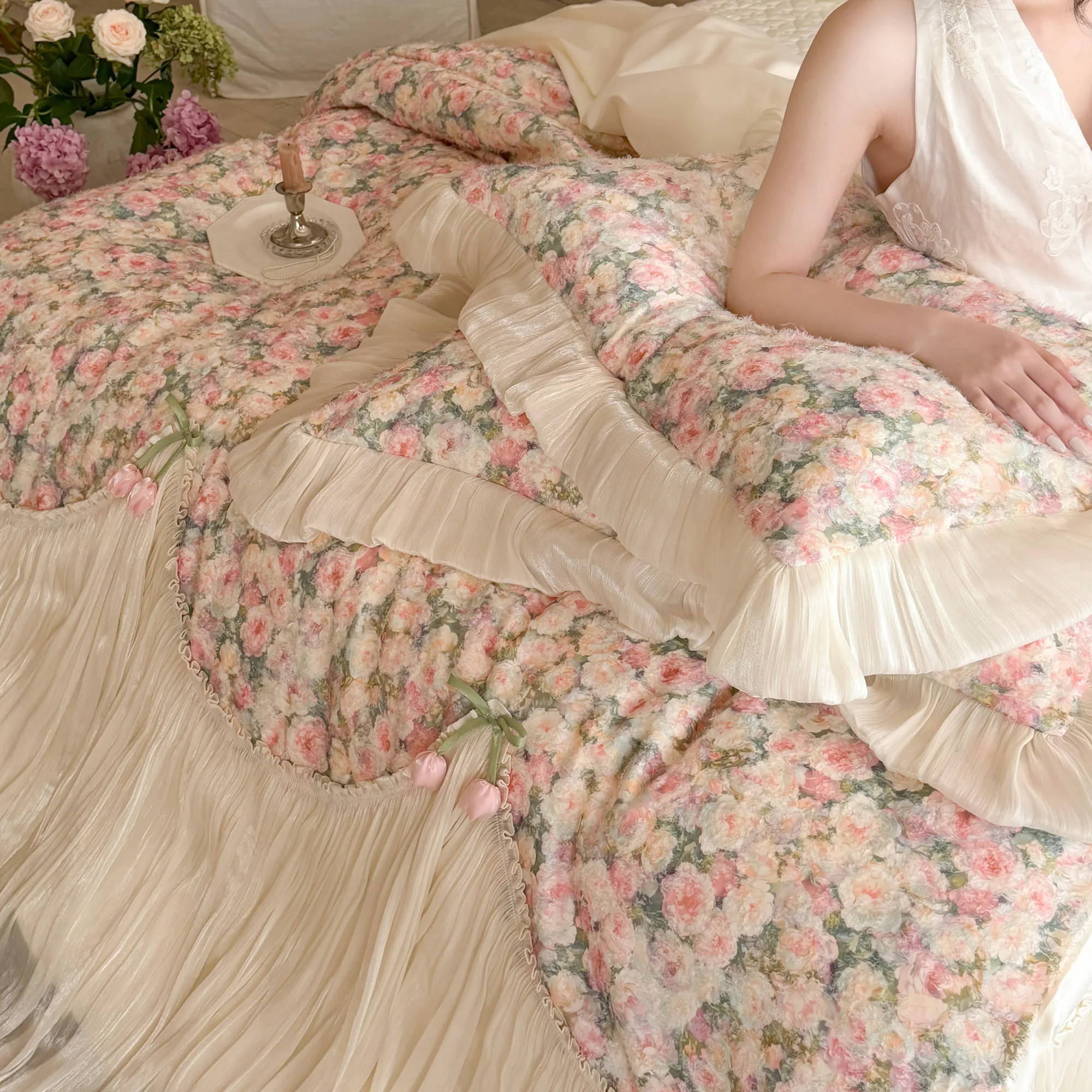 Shabby Chic Princess 100S Pure Cotton Floral Tulle Ruffle Bedding 4-Piece Set06
