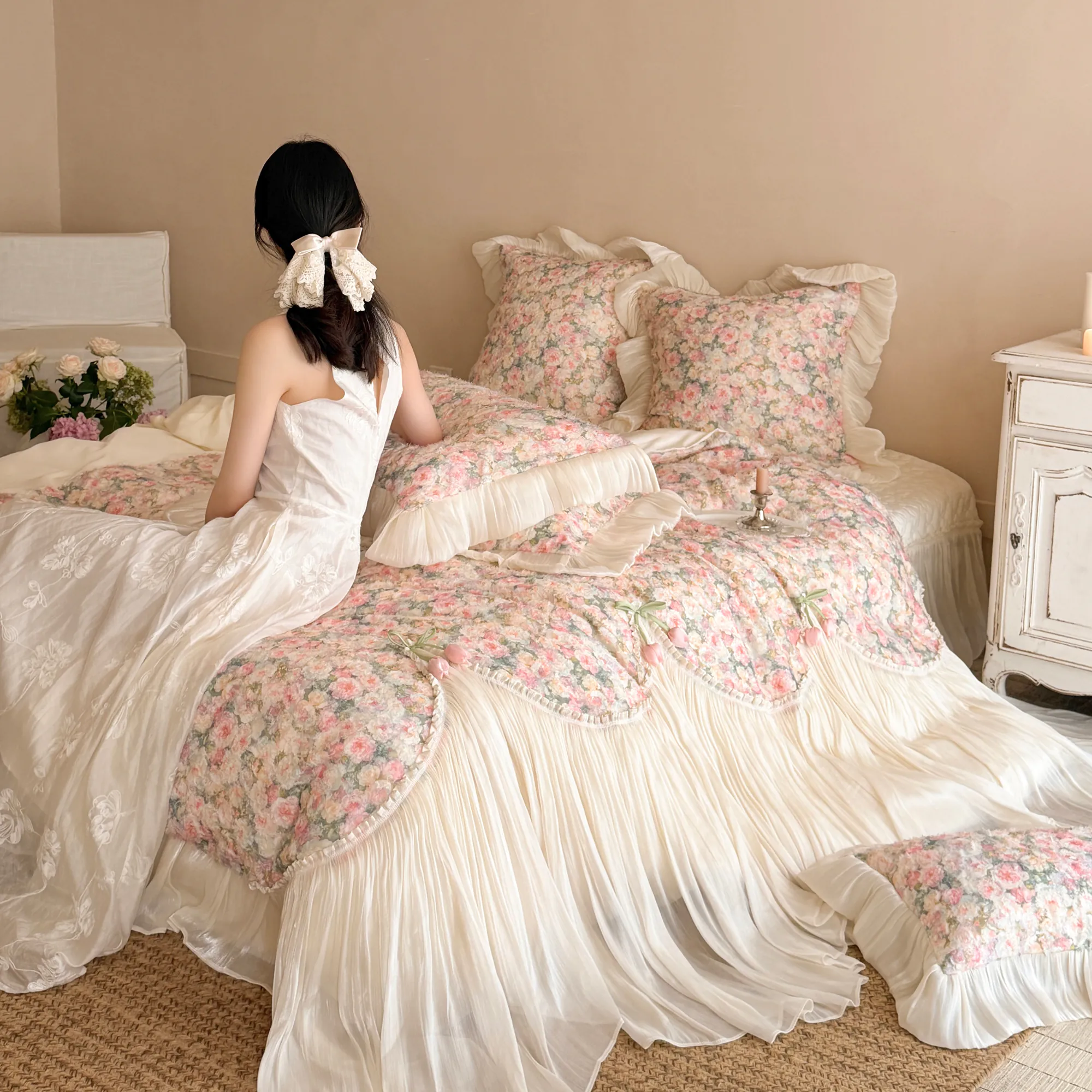 Shabby Chic Princess 100S Pure Cotton Floral Tulle Ruffle Bedding 4-Piece Set07