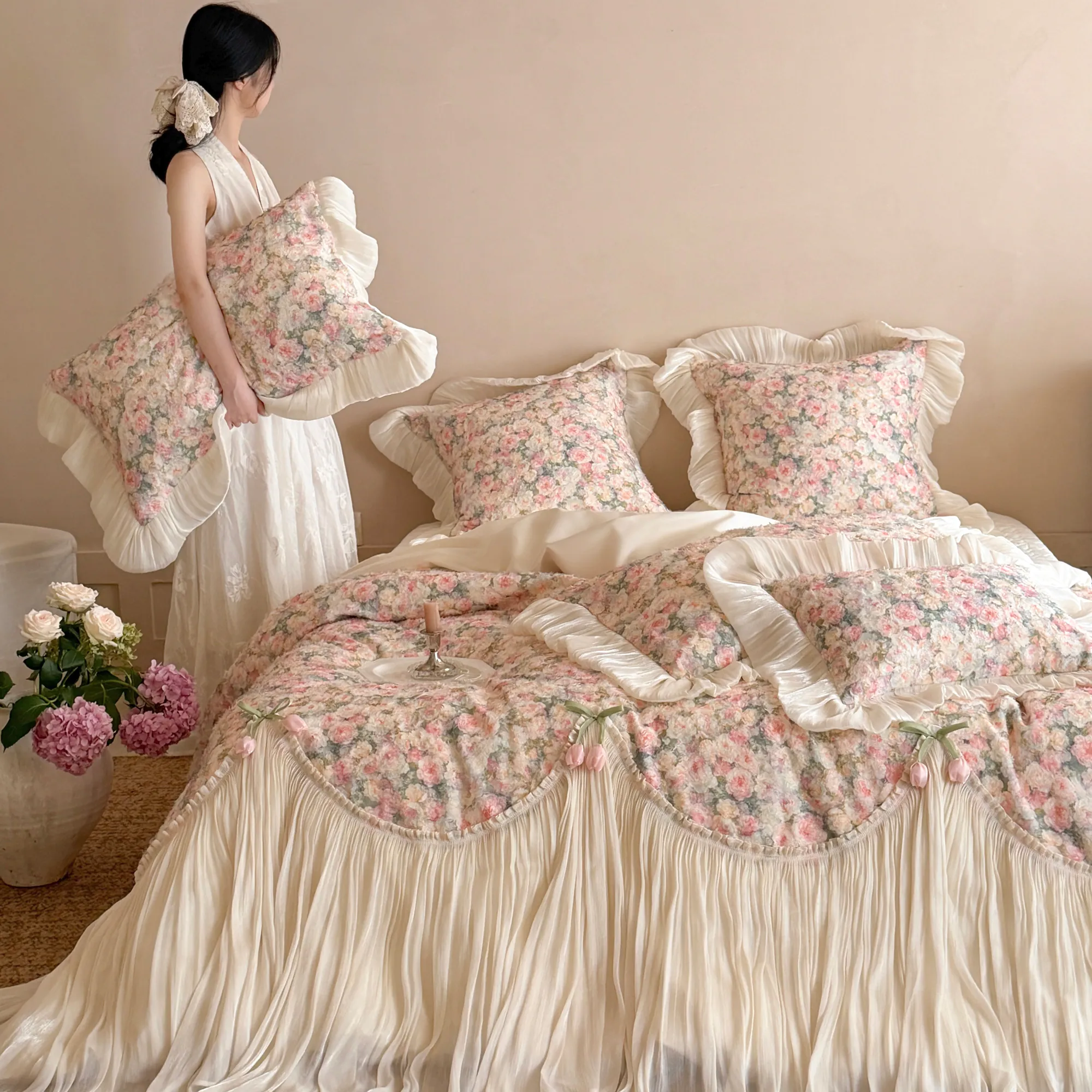 Shabby Chic Princess 100S Pure Cotton Floral Tulle Ruffle Bedding 4-Piece Set08