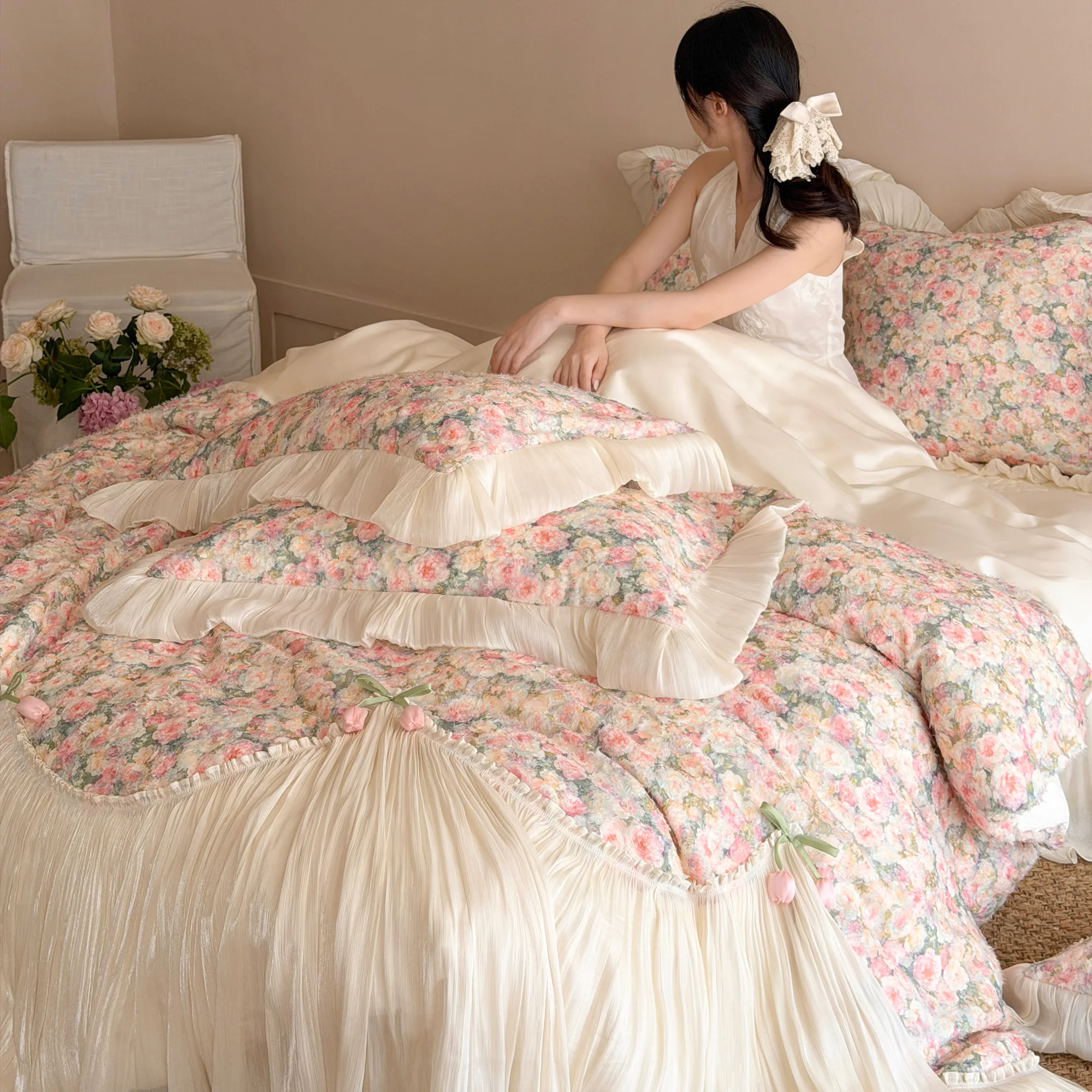 Shabby Chic Princess 100S Pure Cotton Floral Tulle Ruffle Bedding 4-Piece Set09