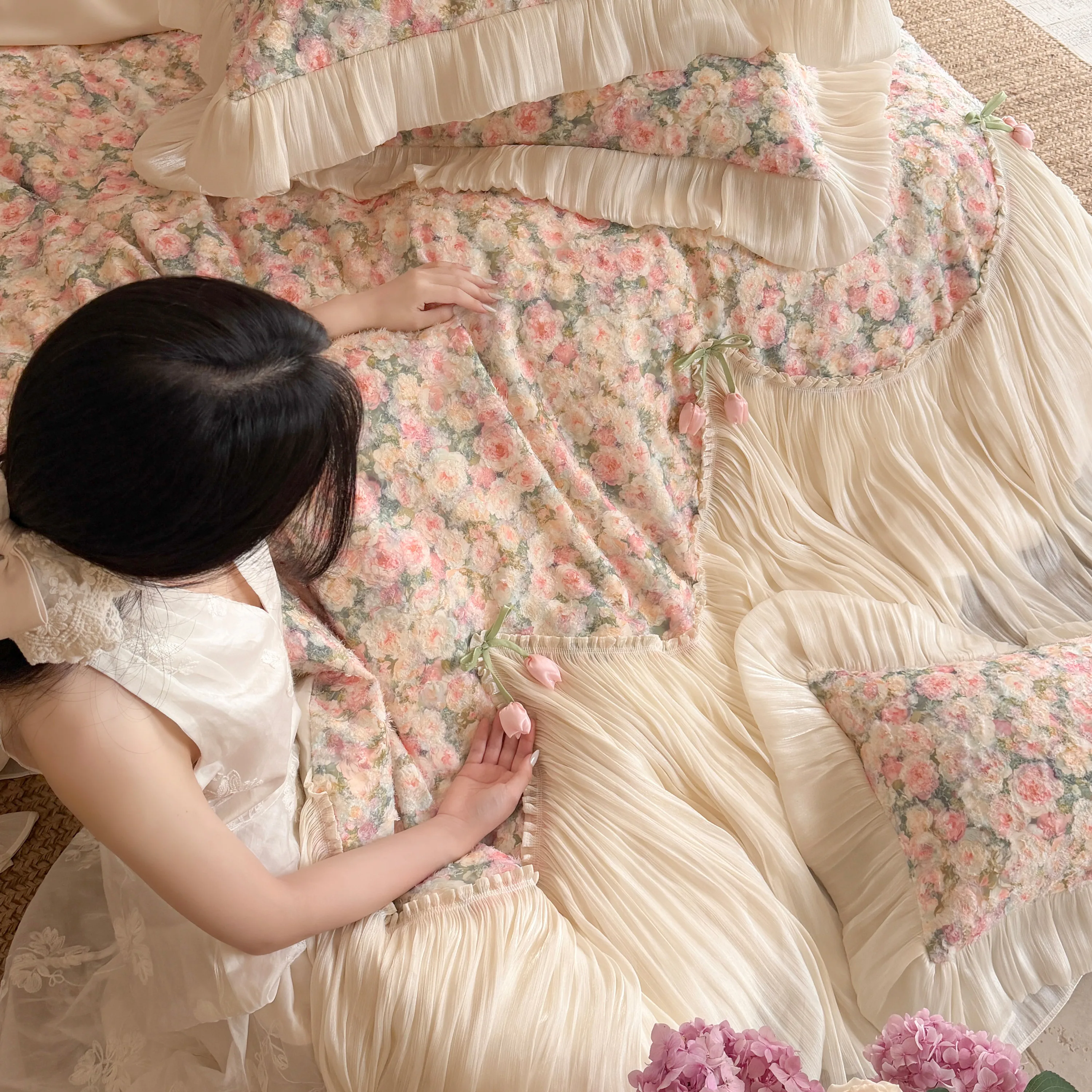 Shabby Chic Princess 100S Pure Cotton Floral Tulle Ruffle Bedding 4-Piece Set11