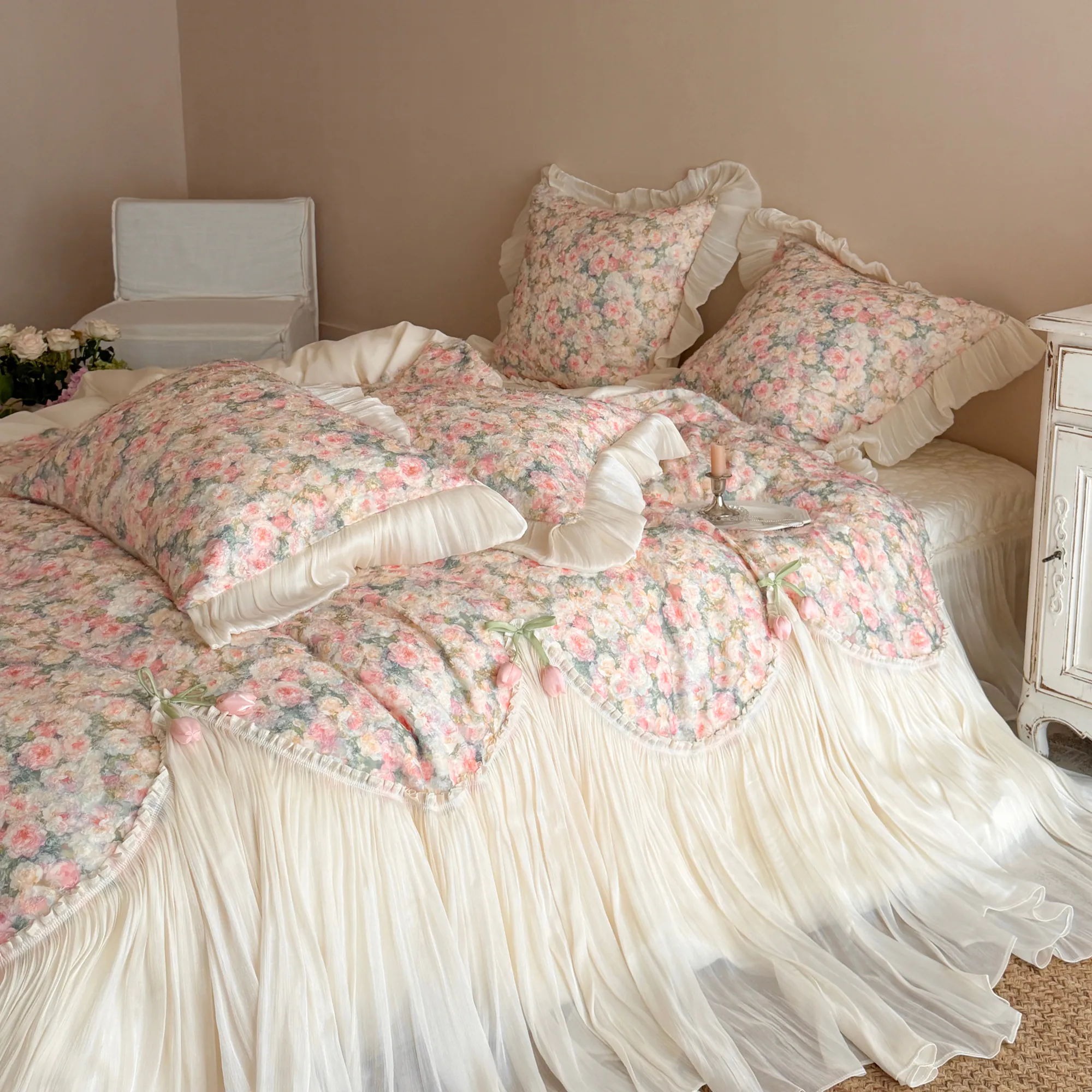 Shabby Chic Princess 100S Pure Cotton Floral Tulle Ruffle Bedding 4-Piece Set12