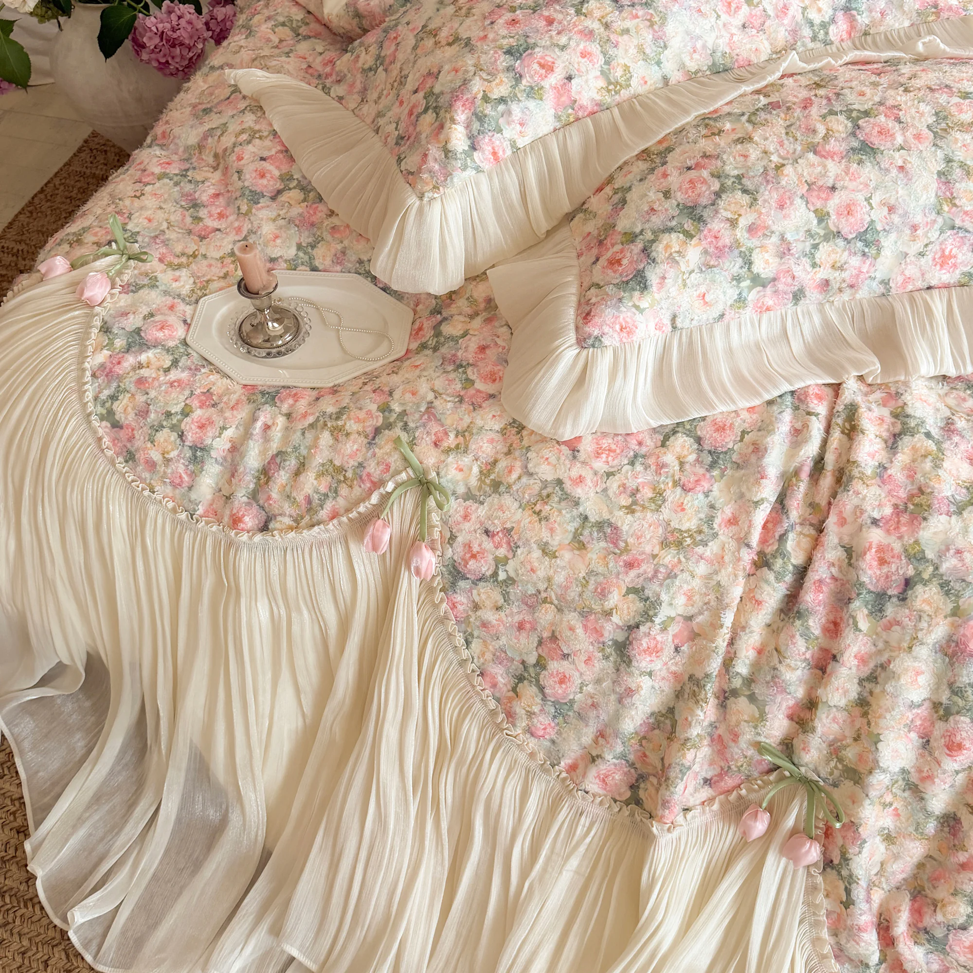 Shabby Chic Princess 100S Pure Cotton Floral Tulle Ruffle Bedding 4-Piece Set13