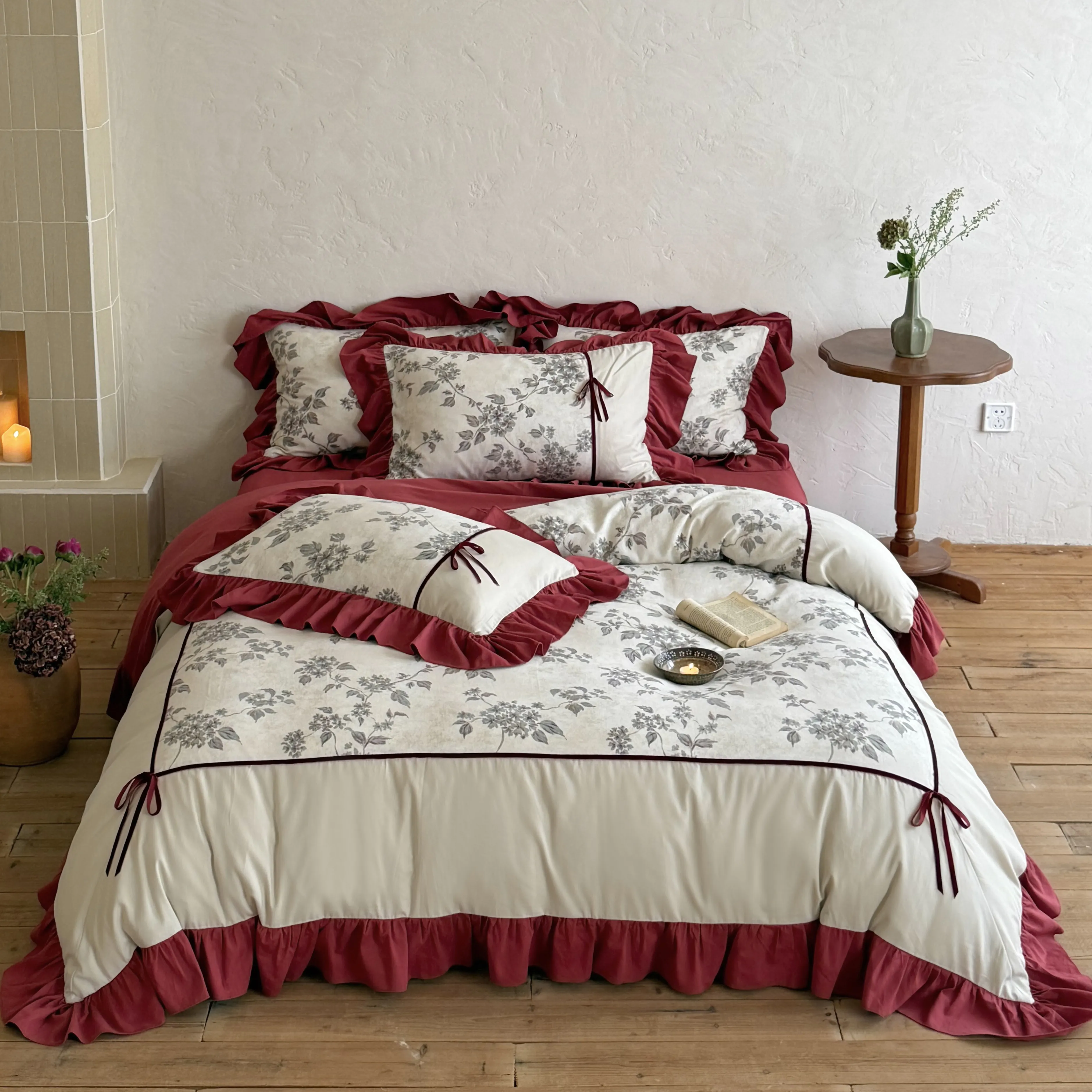 Soft Cottage Botanical Vine Floral Print Ruffled Brushed Cotton Quilt Cover Set01