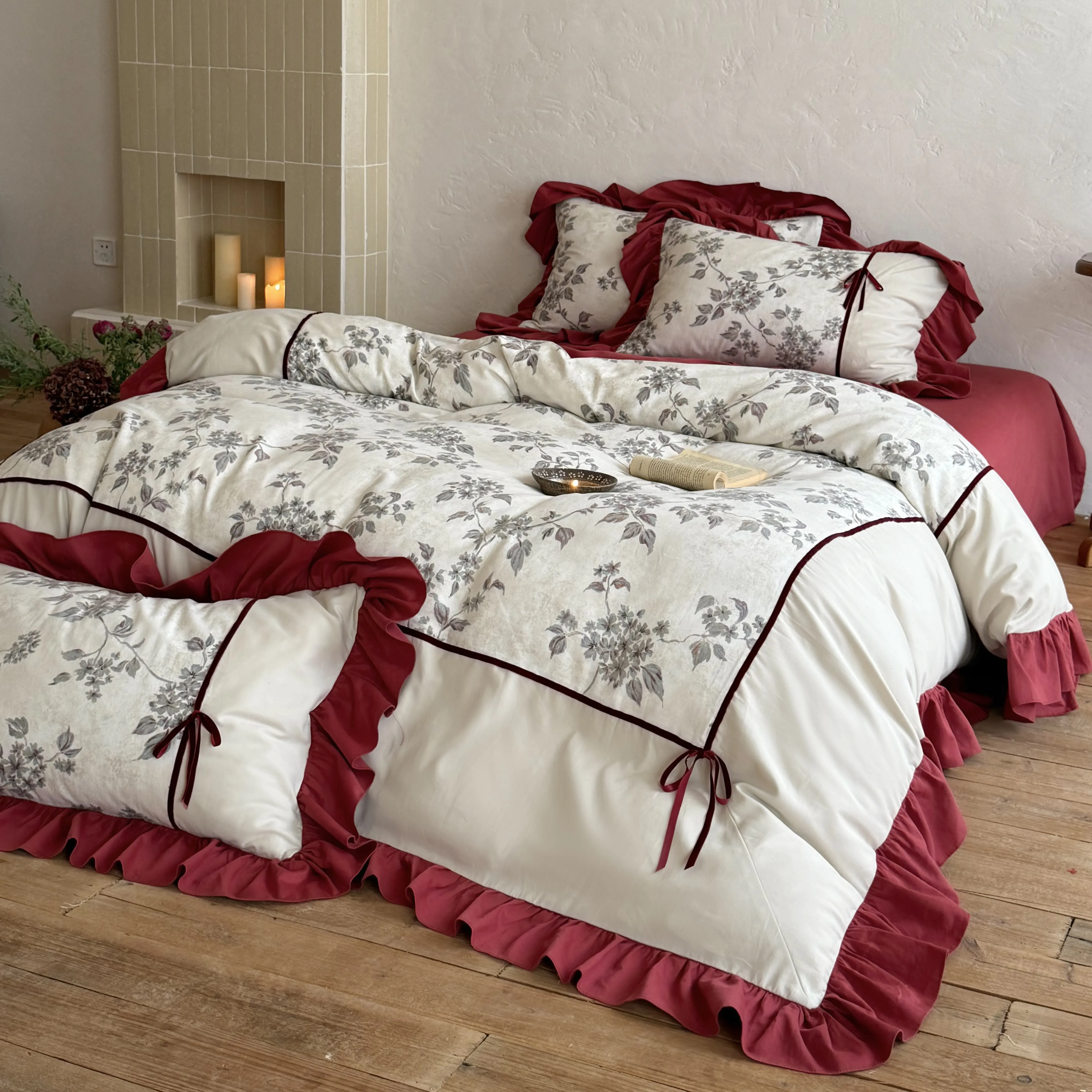 Soft Cottage Botanical Vine Floral Print Ruffled Brushed Cotton Quilt Cover Set02
