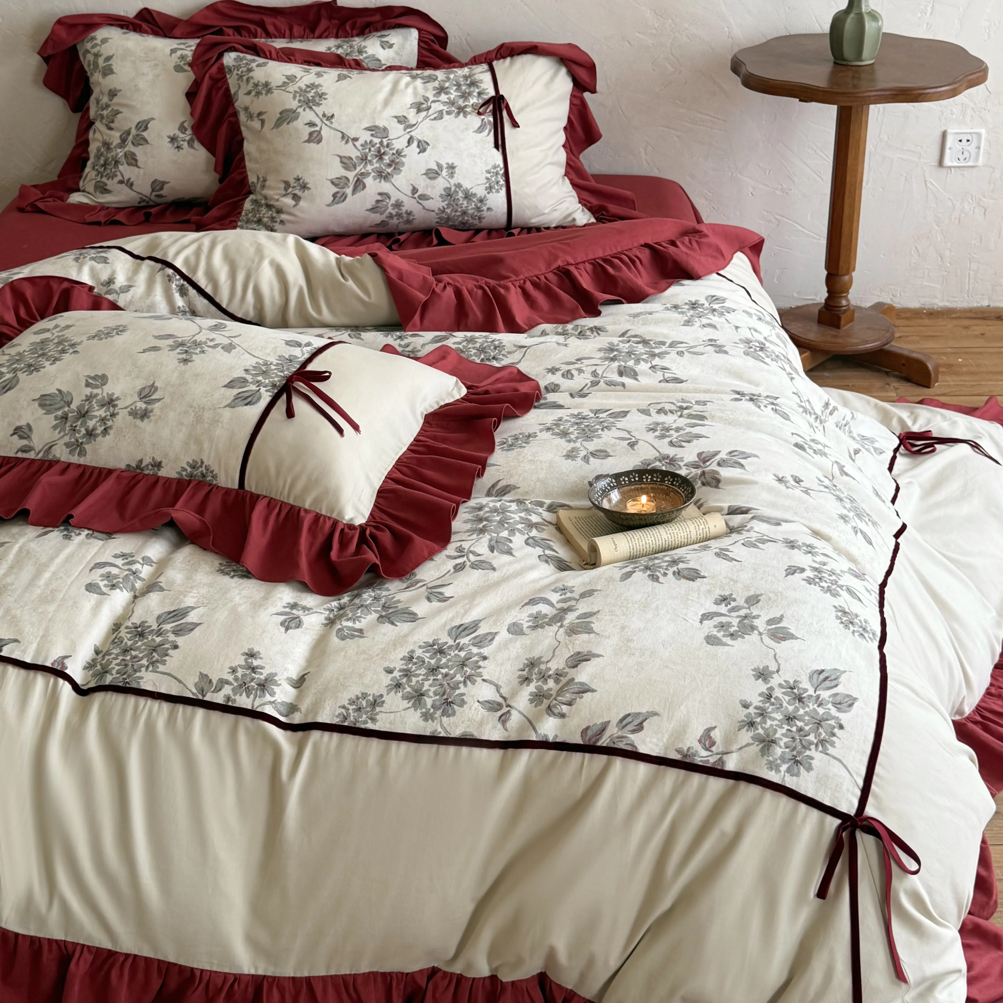 Soft Cottage Botanical Vine Floral Print Ruffled Brushed Cotton Quilt Cover Set03 Soft Cottage Botanical Vine Floral Print Ruffled Brushed Cotton Quilt Cover Set03
