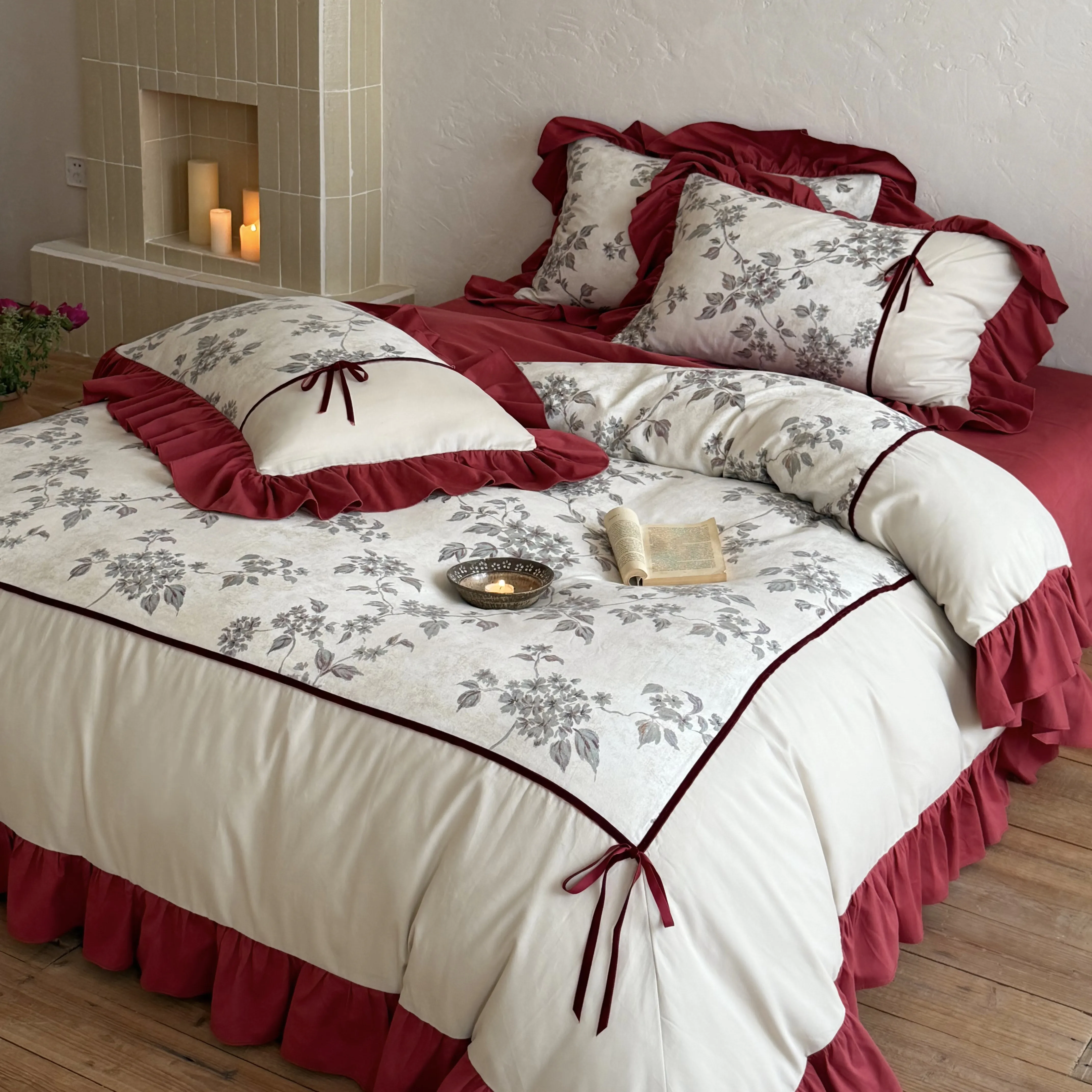 Soft Cottage Botanical Vine Floral Print Ruffled Brushed Cotton Quilt Cover Set04 Soft Cottage Botanical Vine Floral Print Ruffled Brushed Cotton Quilt Cover Set04