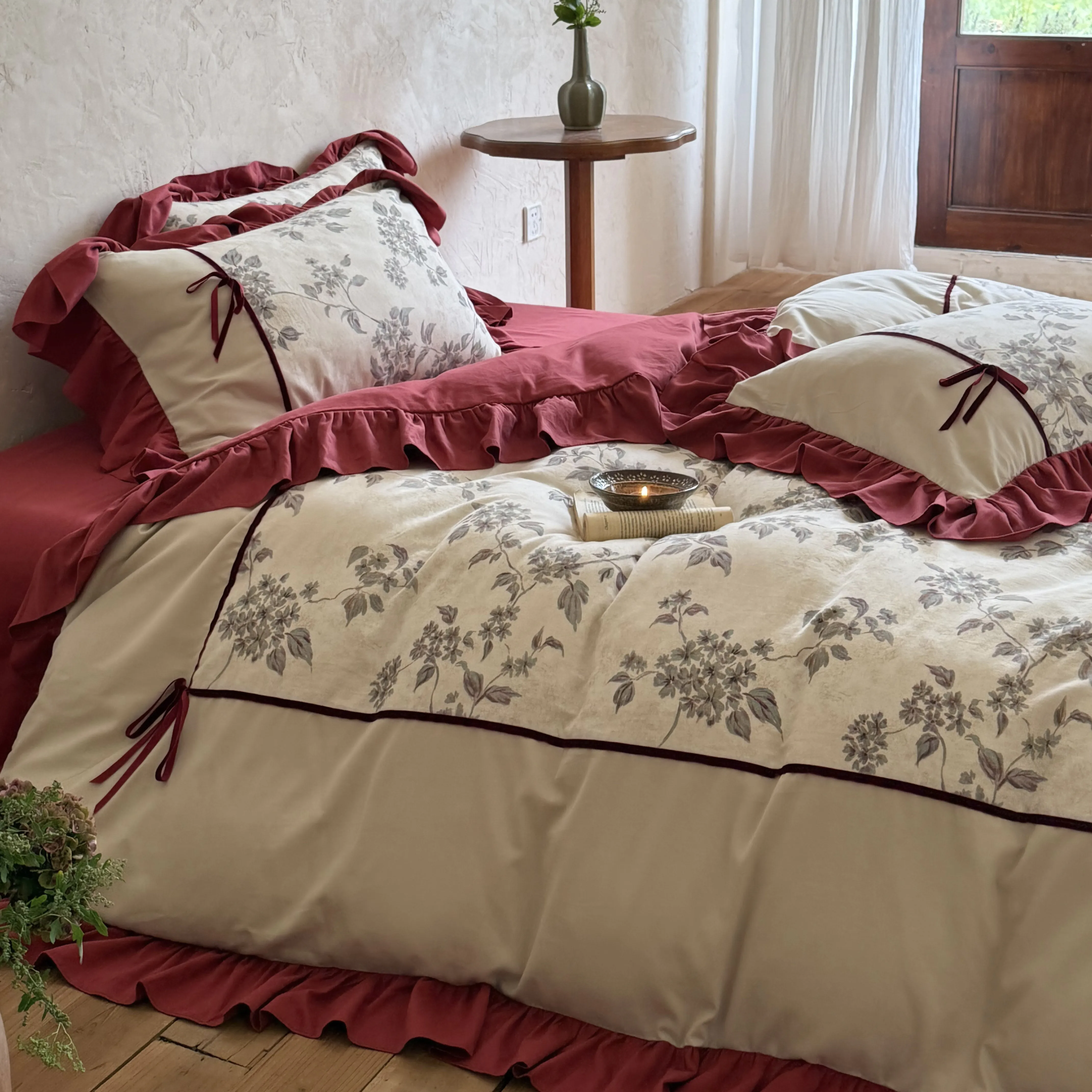 Soft Cottage Botanical Vine Floral Print Ruffled Brushed Cotton Quilt Cover Set05 Soft Cottage Botanical Vine Floral Print Ruffled Brushed Cotton Quilt Cover Set05