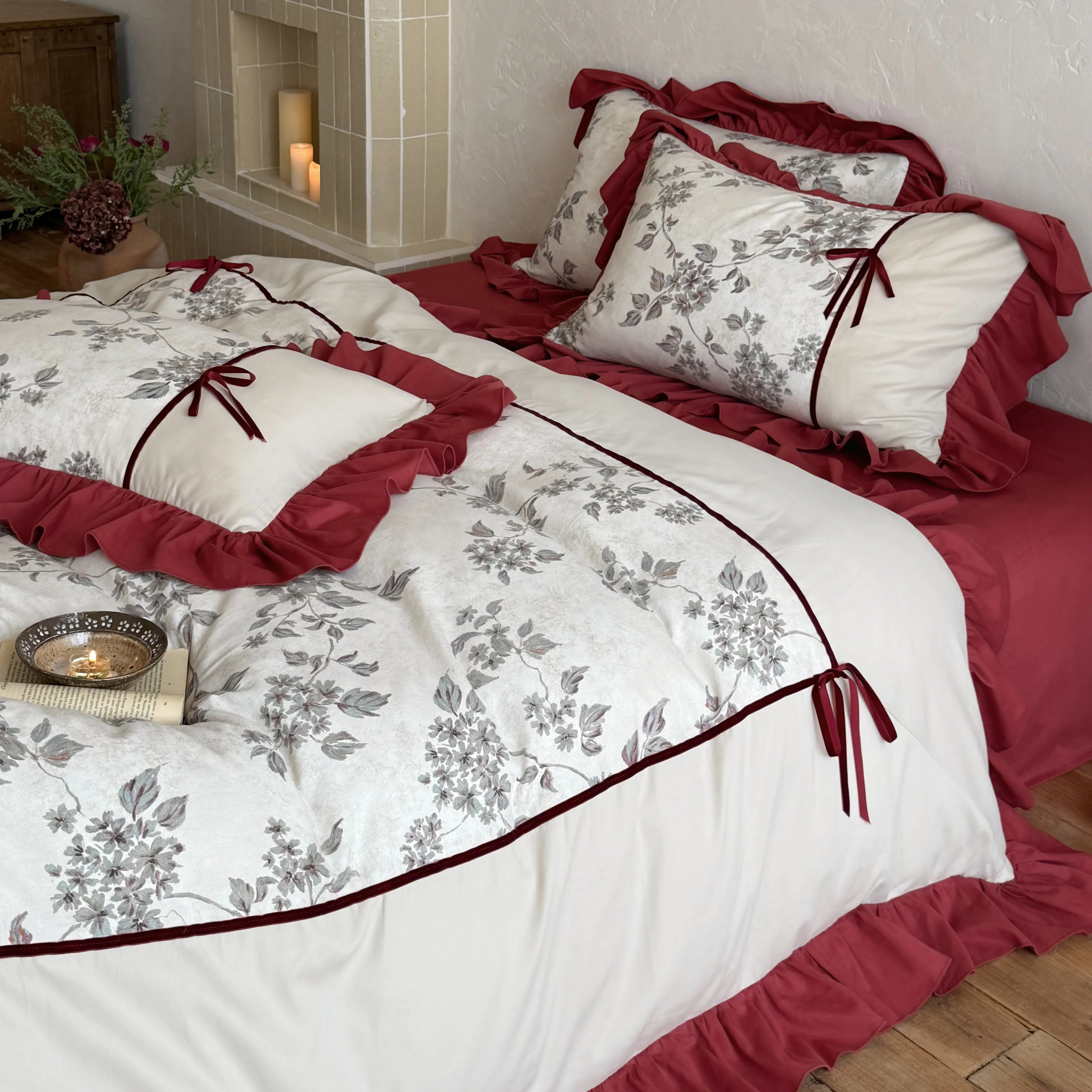 Soft Cottage Botanical Vine Floral Print Ruffled Brushed Cotton Quilt Cover Set06 Soft Cottage Botanical Vine Floral Print Ruffled Brushed Cotton Quilt Cover Set06