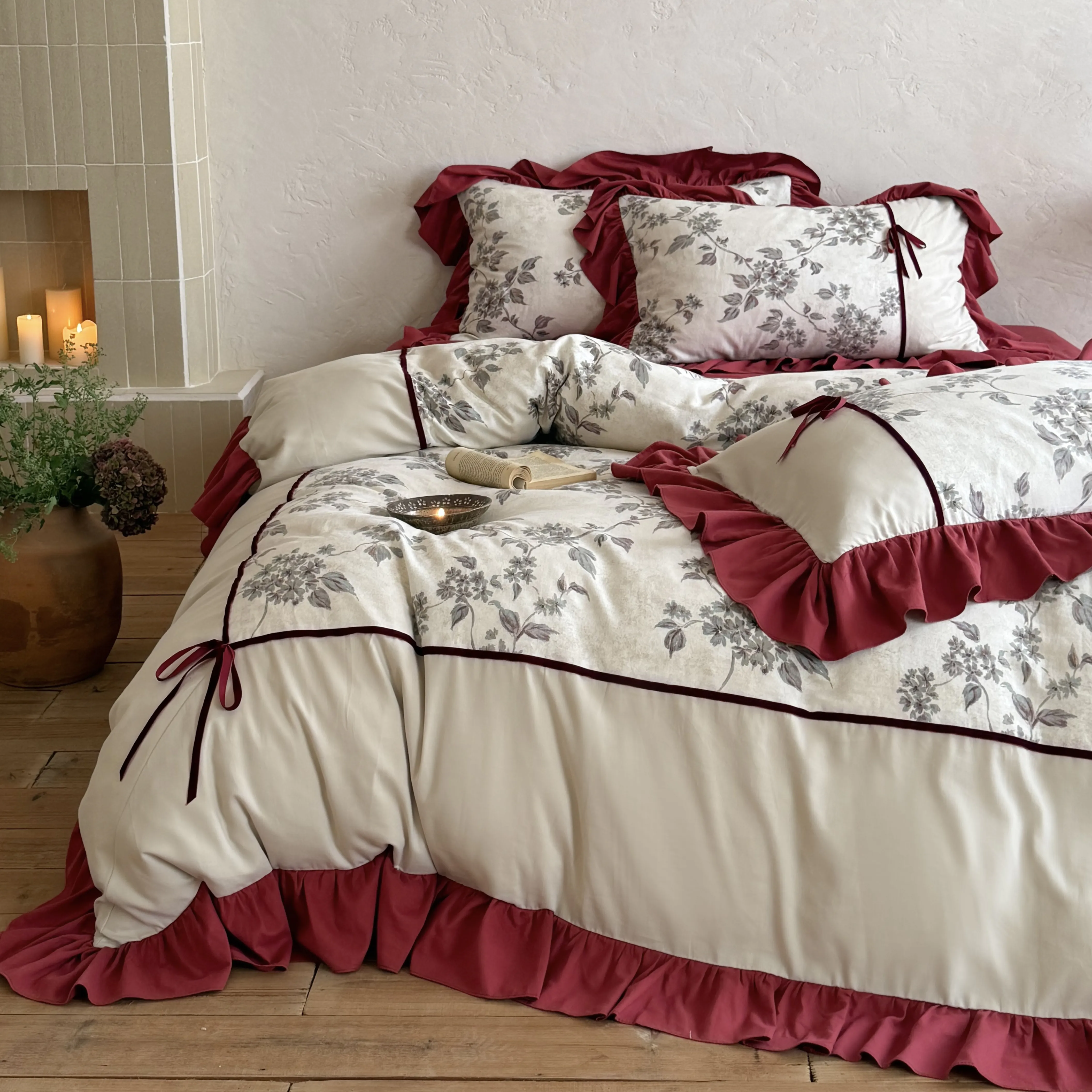 Soft Cottage Botanical Vine Floral Print Ruffled Brushed Cotton Quilt Cover Set07 Soft Cottage Botanical Vine Floral Print Ruffled Brushed Cotton Quilt Cover Set07