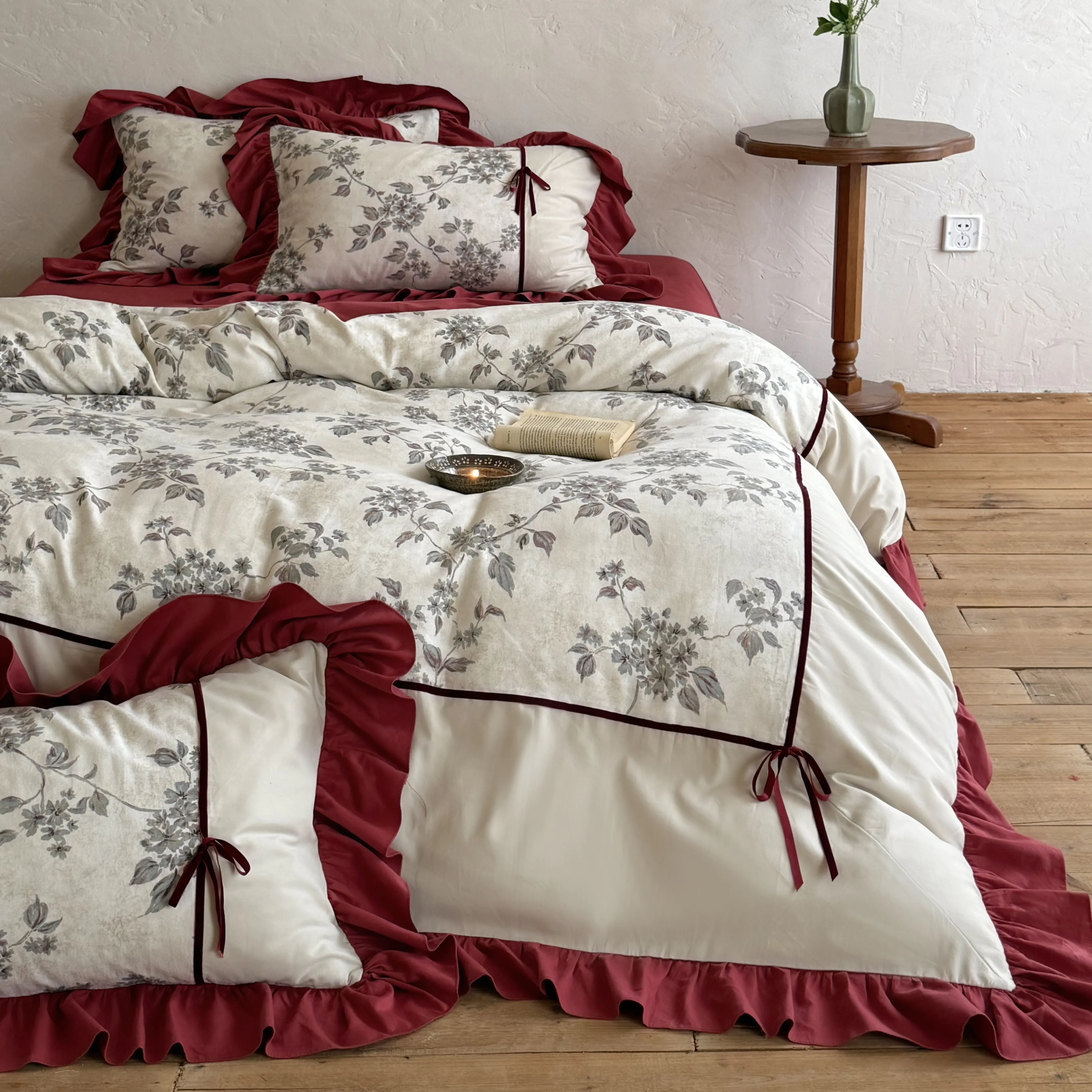 Soft Cottage Botanical Vine Floral Print Ruffled Brushed Cotton Quilt Cover Set08 Soft Cottage Botanical Vine Floral Print Ruffled Brushed Cotton Quilt Cover Set08