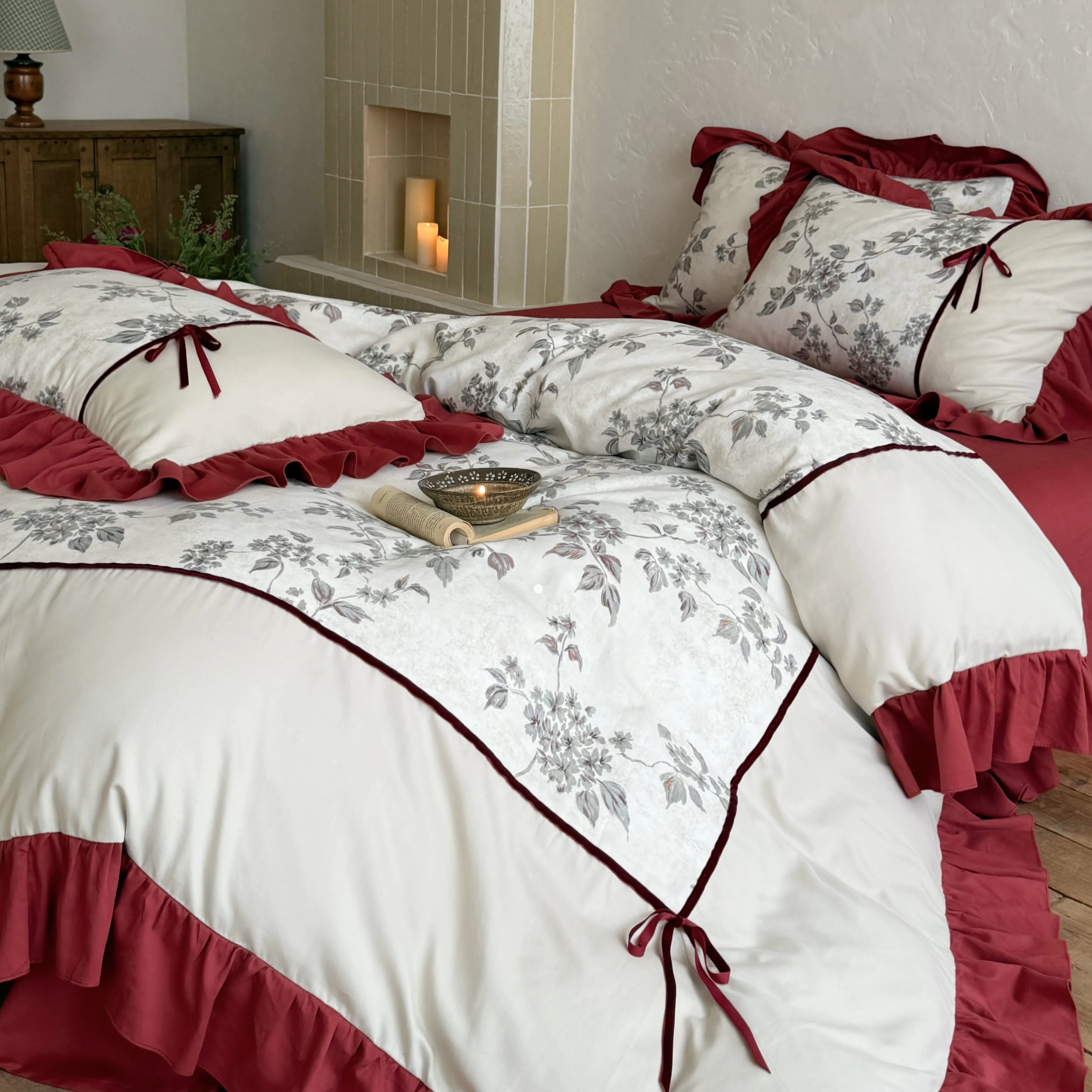 Soft Cottage Botanical Vine Floral Print Ruffled Brushed Cotton Quilt Cover Set09 Soft Cottage Botanical Vine Floral Print Ruffled Brushed Cotton Quilt Cover Set09