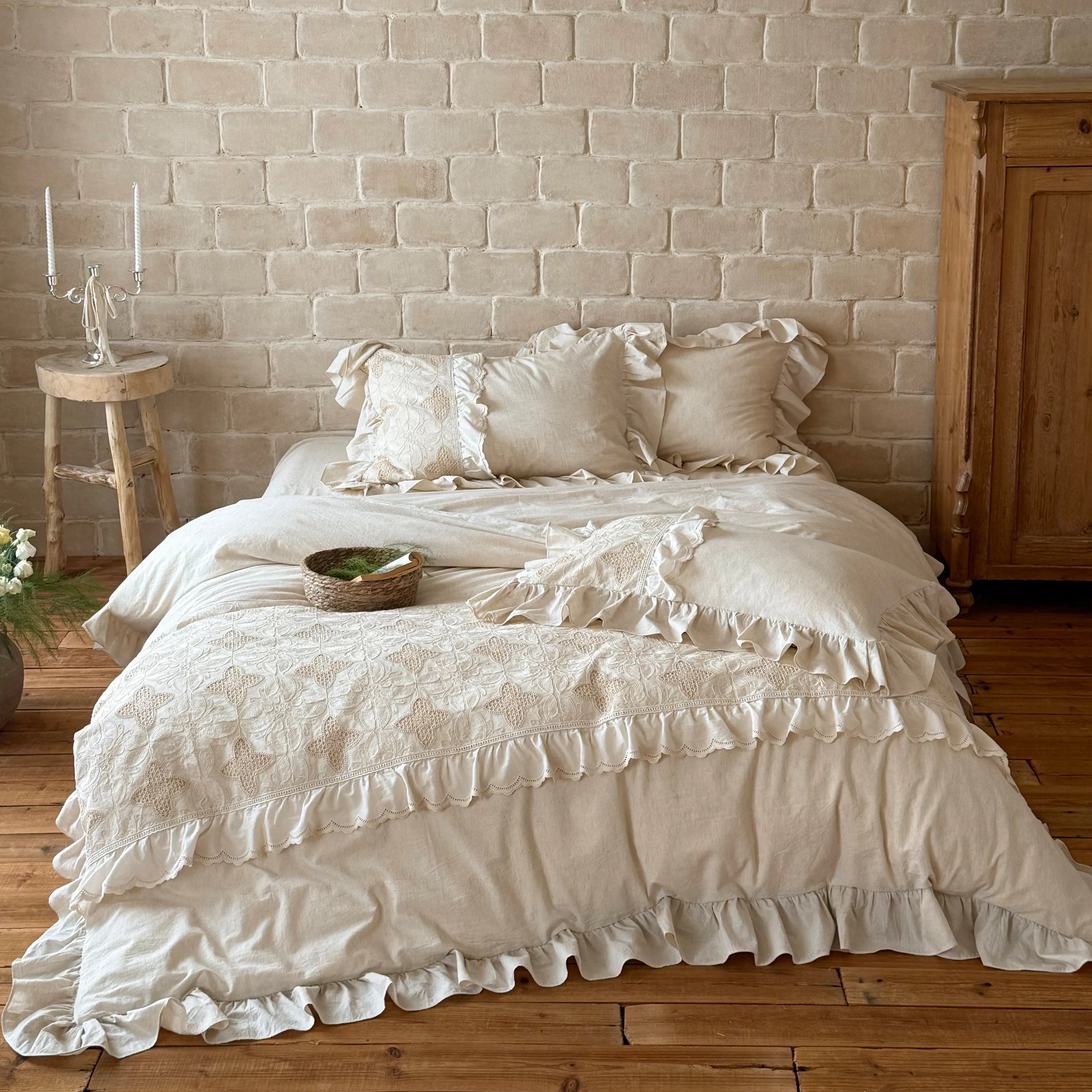 Soft Natural Linen Cotton Blend Clover Embroidery Ruffle Edge Duvet Cover Set01