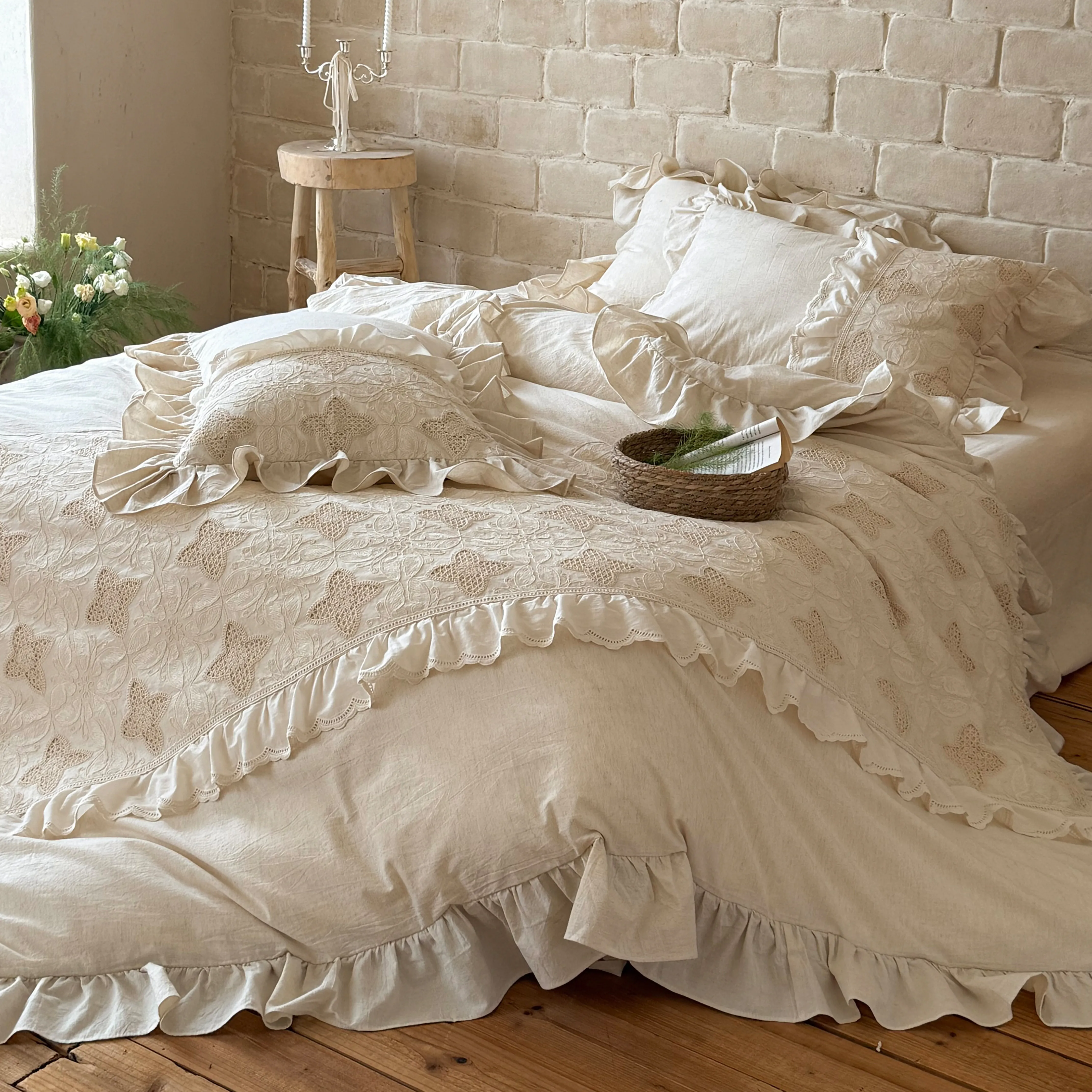 Soft Natural Linen-Cotton Blend Clover Embroidery Ruffle Edge Duvet Cover Set04 Soft Natural Linen Cotton Blend Clover Embroidery Ruffle Edge Duvet Cover Set04