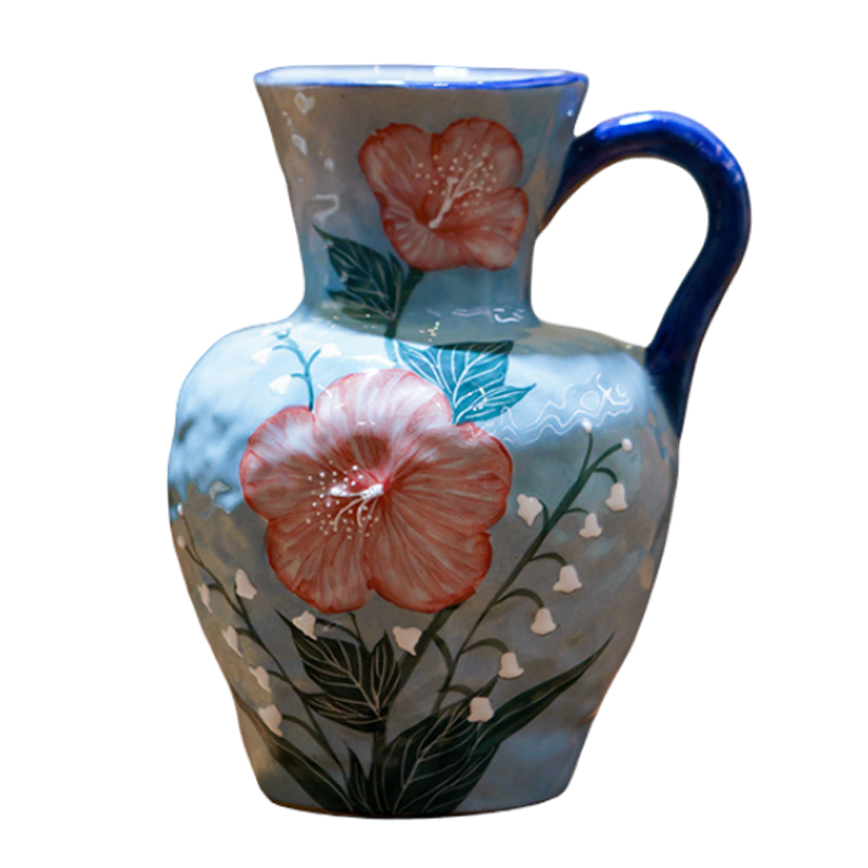 Underglaze Oil Painting Style Hibiscus Floral Single Ear Ceramic Vase