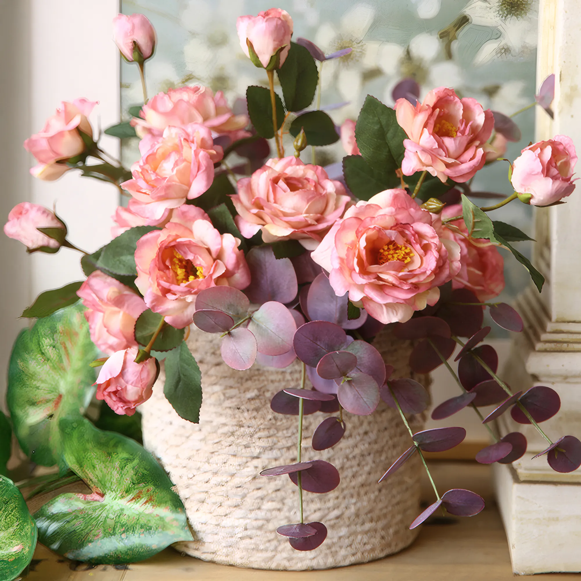 Vintage Faux Peony Artificial Vase Flower Arrangement