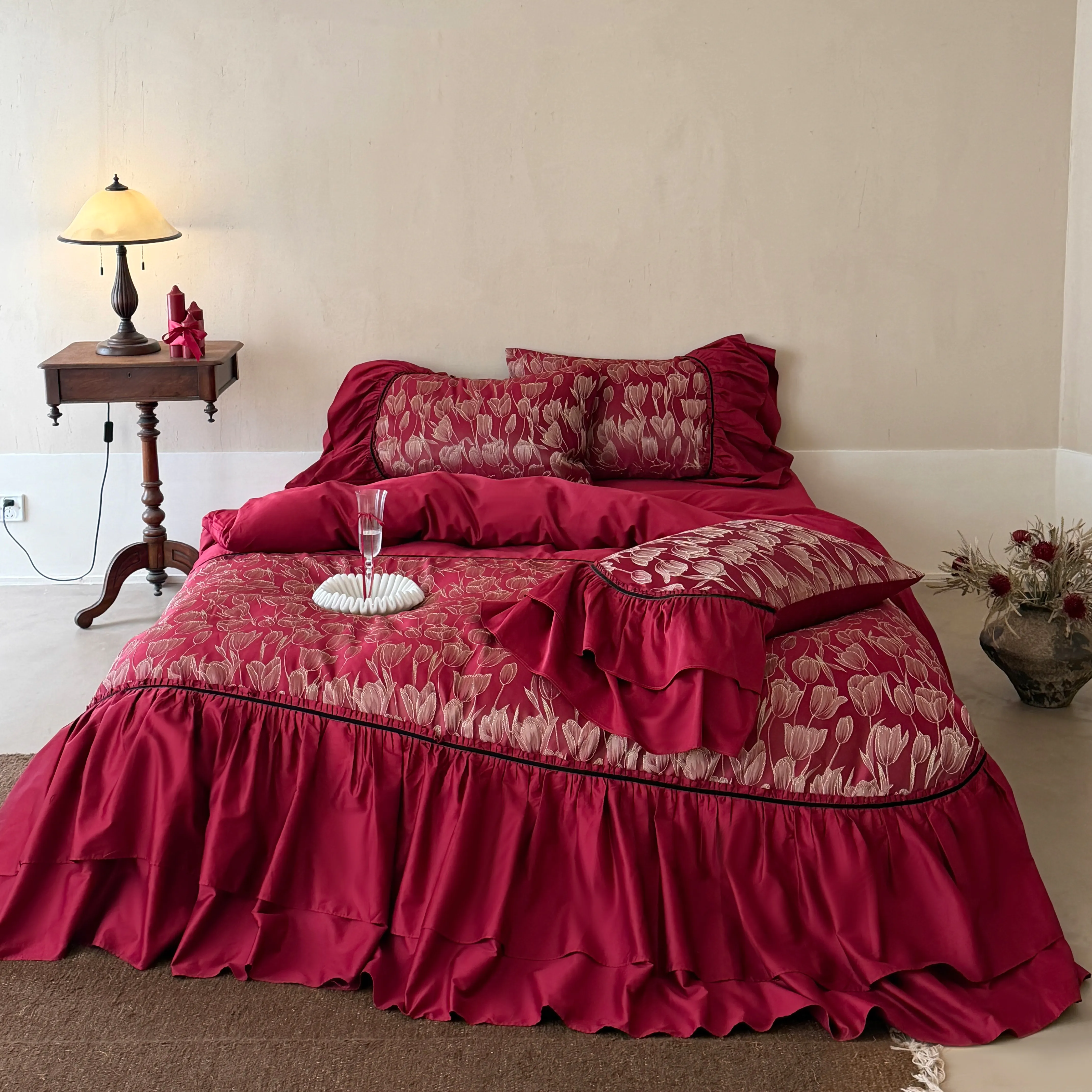 Vintage Gold Metallic Tulip Floral Ruffle Cotton Bedding Set Full Queen King Size01