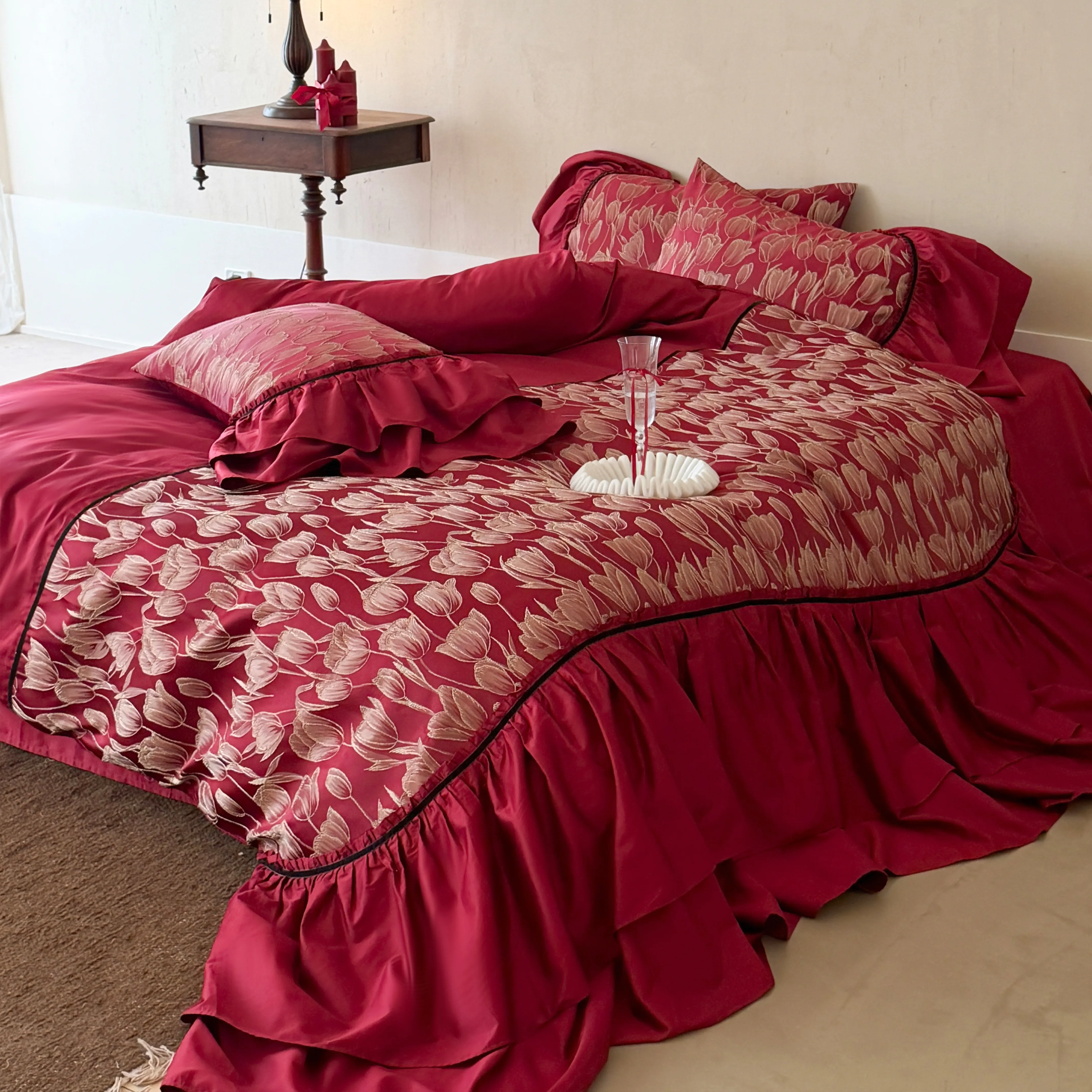 Vintage Gold Metallic Tulip Floral Ruffle Cotton Bedding Set Full Queen King Size03 Vintage Gold Metallic Tulip Floral Ruffle Cotton Bedding Set Full Queen King Size03
