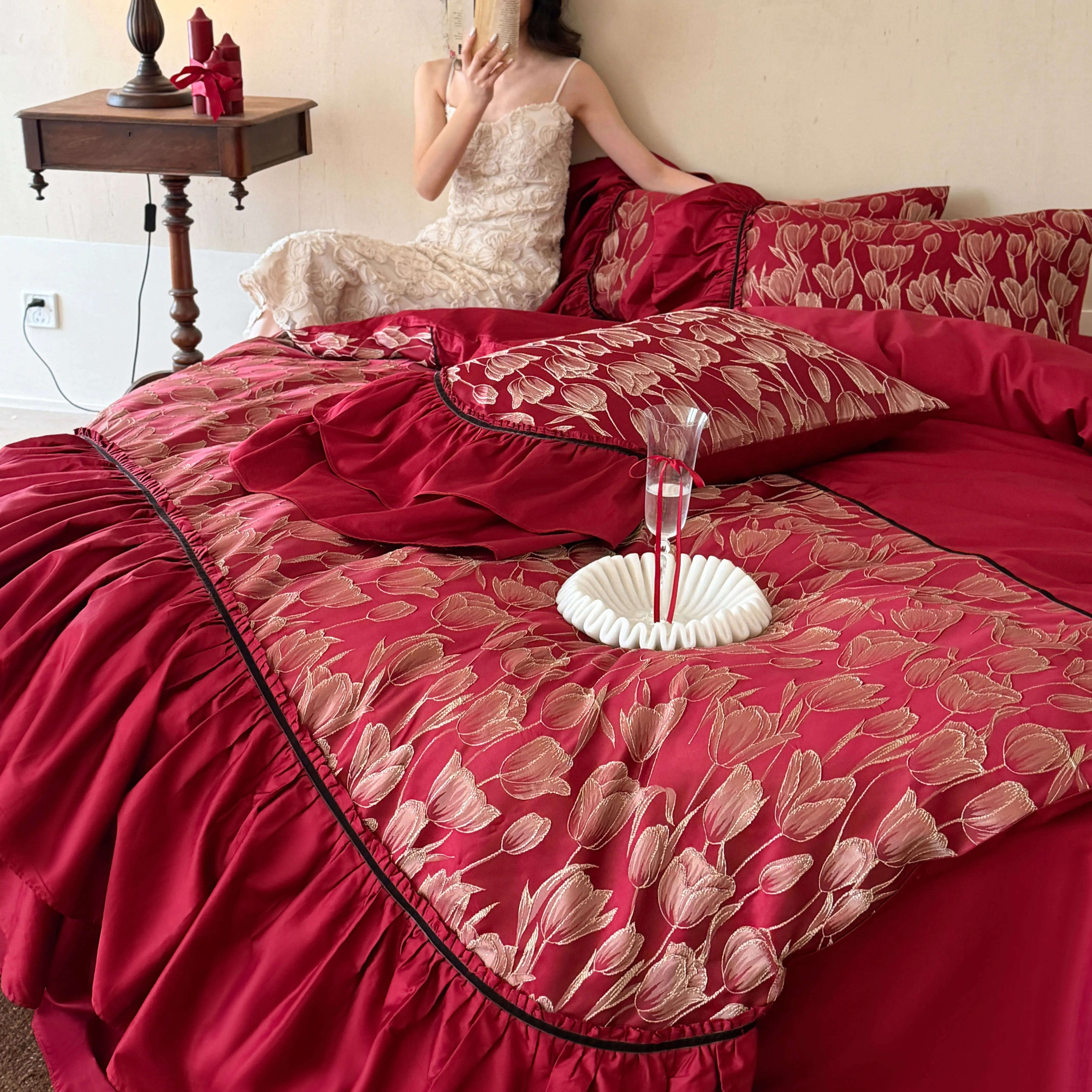 Vintage Gold Metallic Tulip Floral Ruffle Cotton Bedding Set Full Queen King Size05 Vintage Gold Metallic Tulip Floral Ruffle Cotton Bedding Set Full Queen King Size05