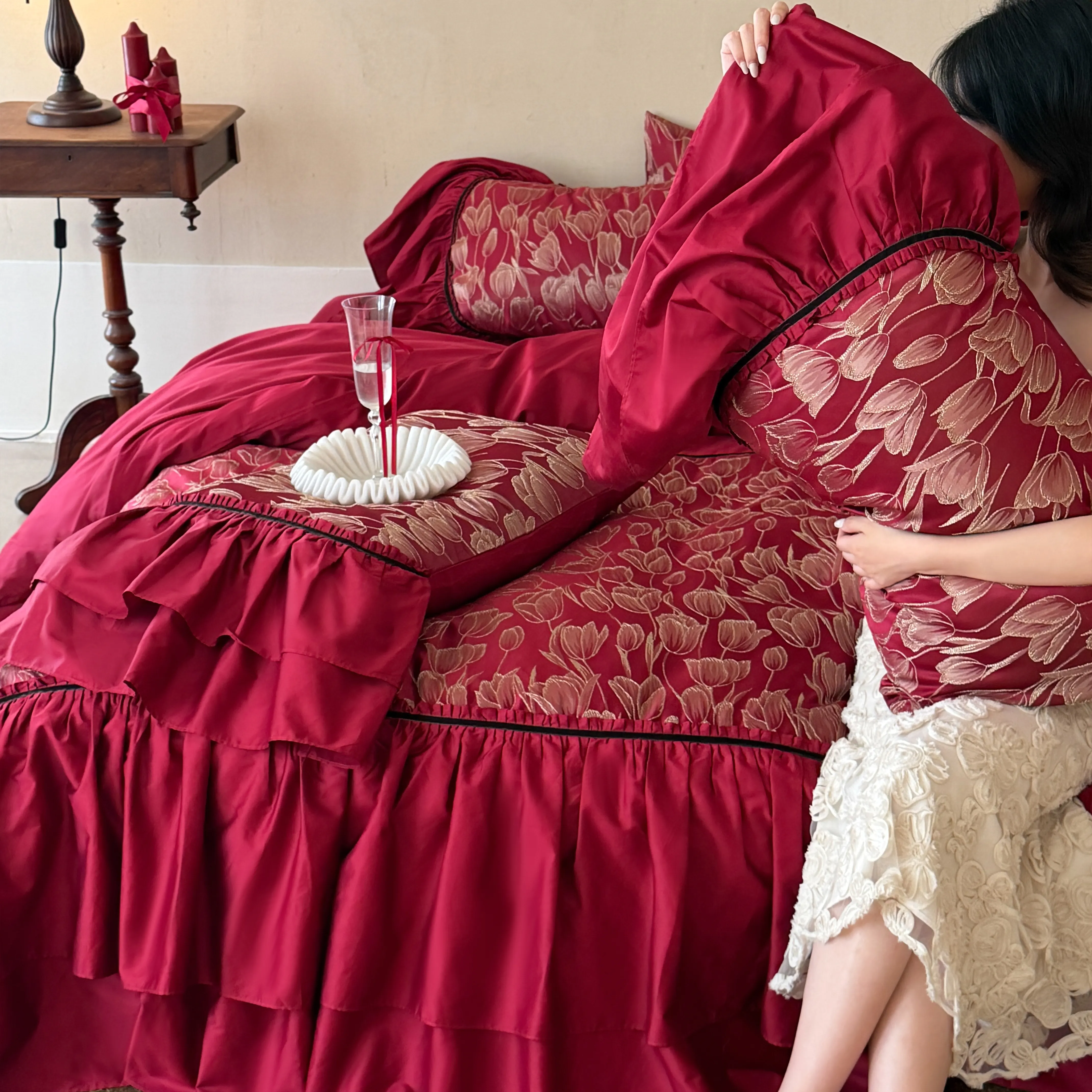 Vintage Gold Metallic Tulip Floral Ruffle Cotton Bedding Set Full Queen King Size06 Vintage Gold Metallic Tulip Floral Ruffle Cotton Bedding Set Full Queen King Size06