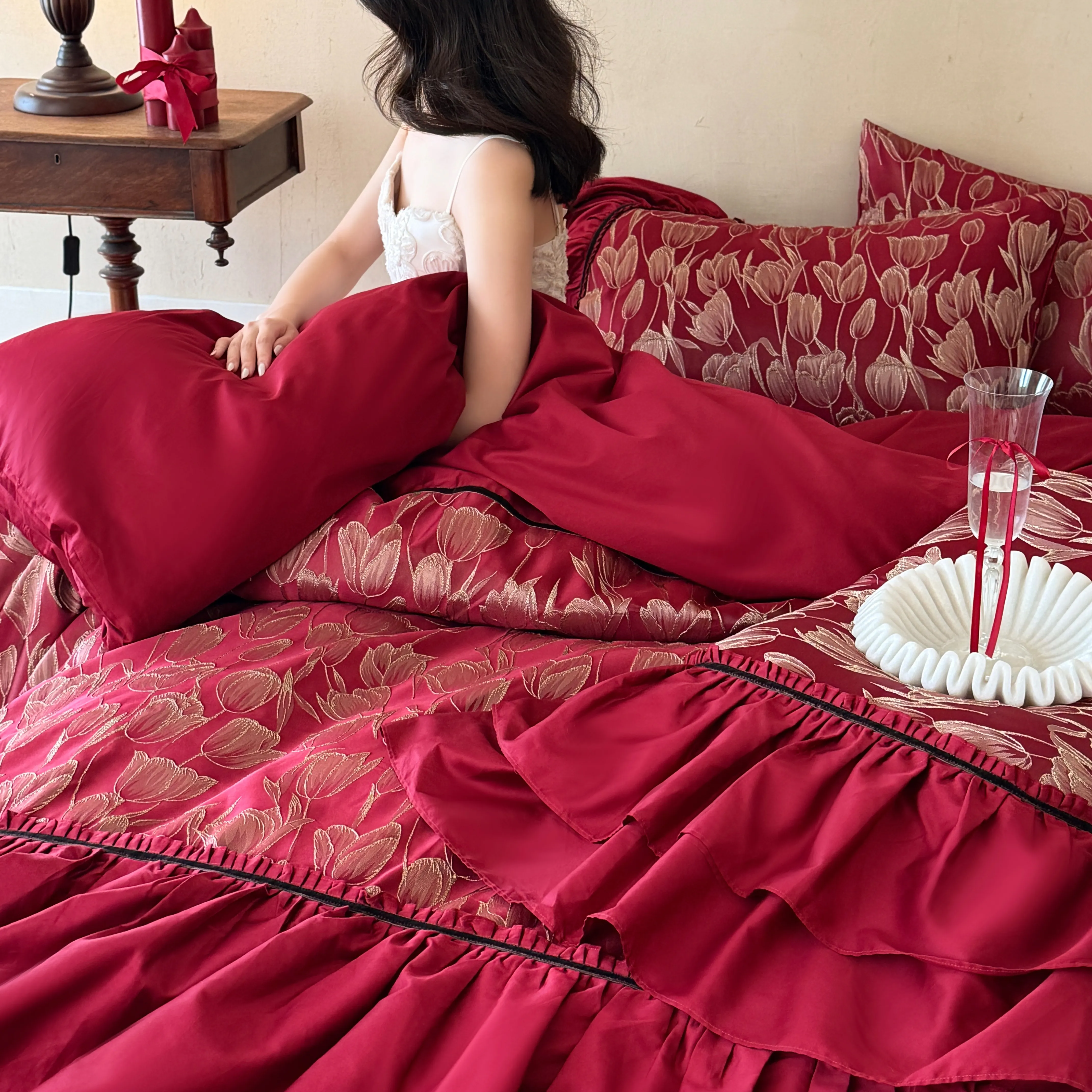 Vintage Gold Metallic Tulip Floral Ruffle Cotton Bedding Set Full Queen King Size07 Vintage Gold Metallic Tulip Floral Ruffle Cotton Bedding Set Full Queen King Size07