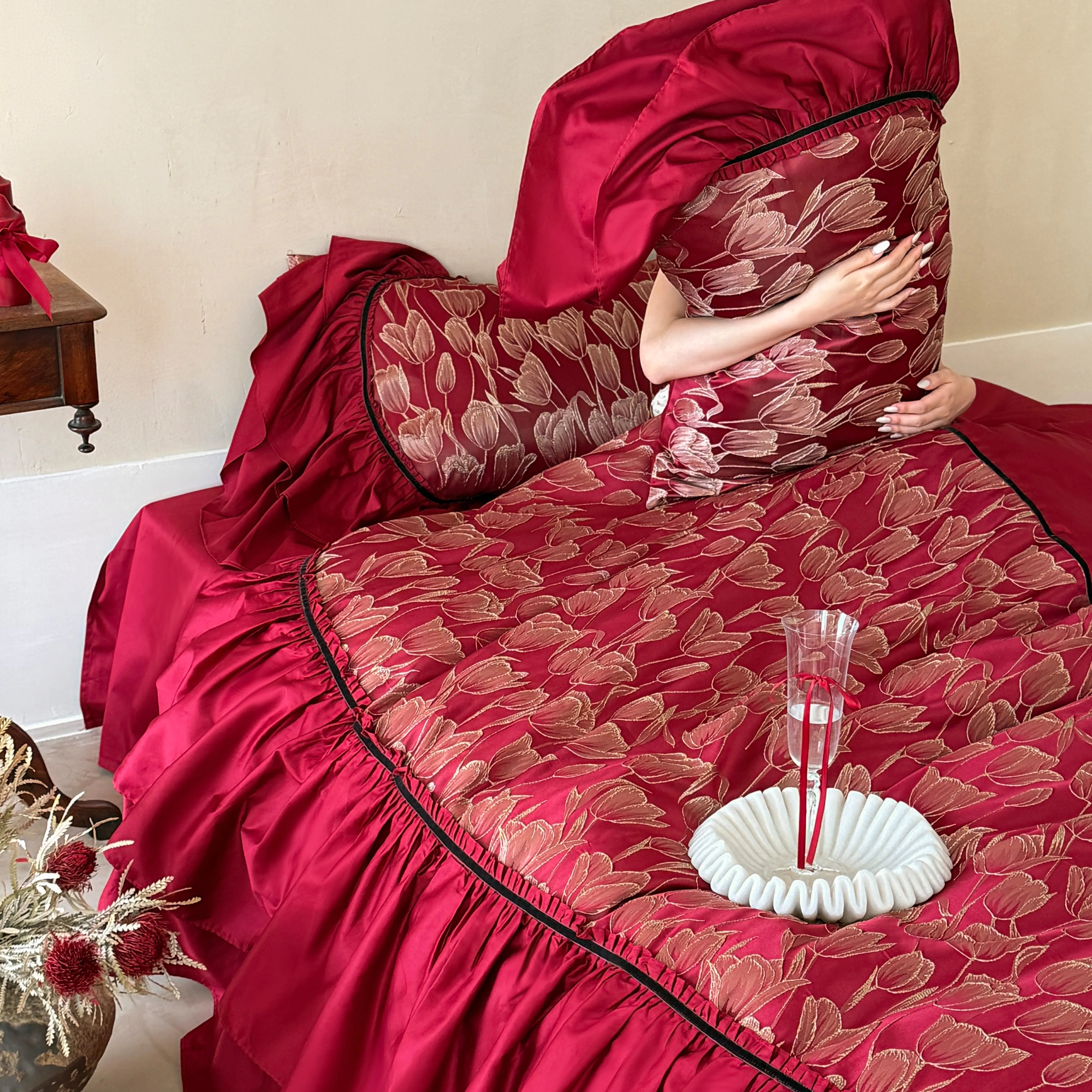 Vintage Gold Metallic Tulip Floral Ruffle Cotton Bedding Set Full Queen King Size08 Vintage Gold Metallic Tulip Floral Ruffle Cotton Bedding Set Full Queen King Size08