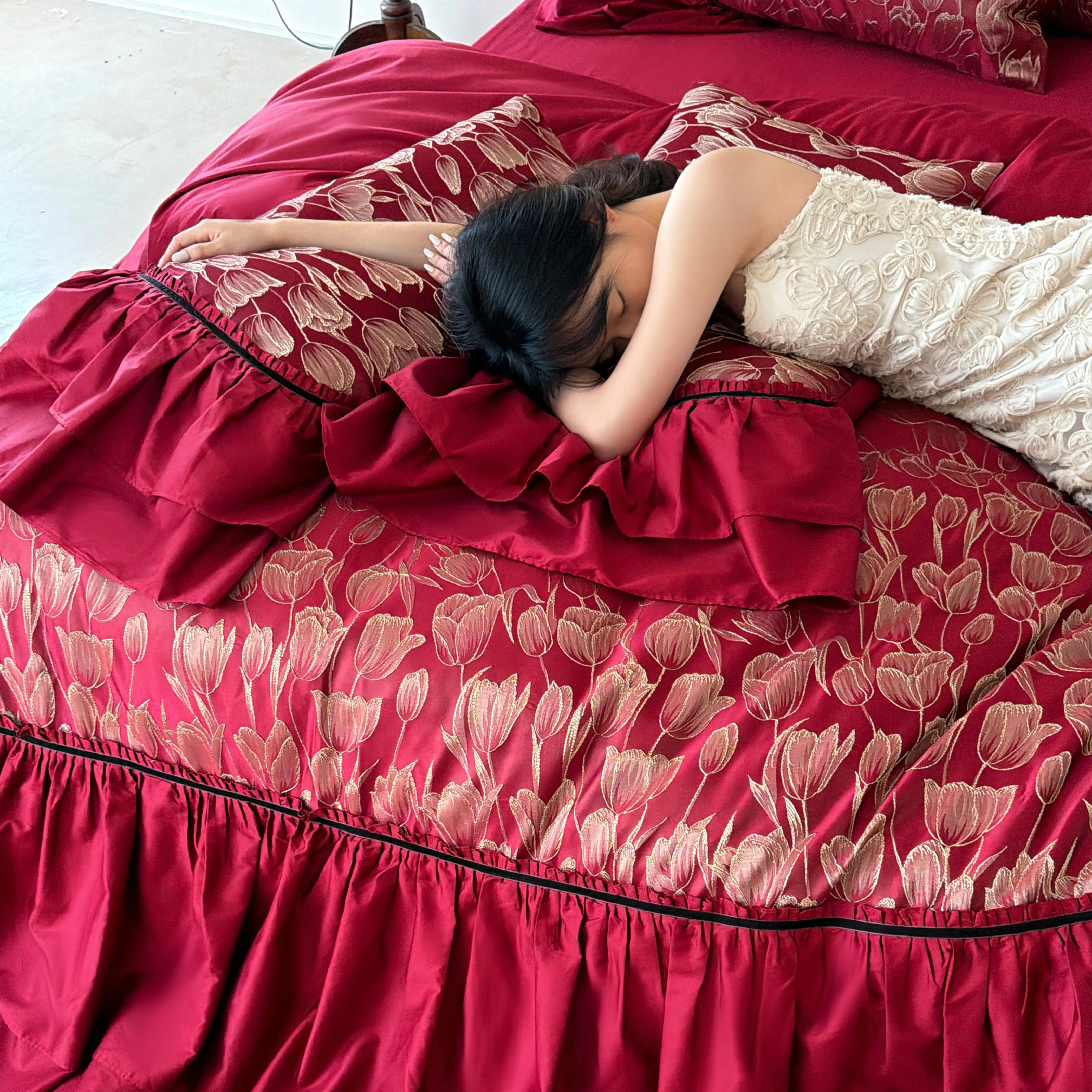 Vintage Gold Metallic Tulip Floral Ruffle Cotton Bedding Set Full Queen King Size11 Vintage Gold Metallic Tulip Floral Ruffle Cotton Bedding Set Full Queen King Size11