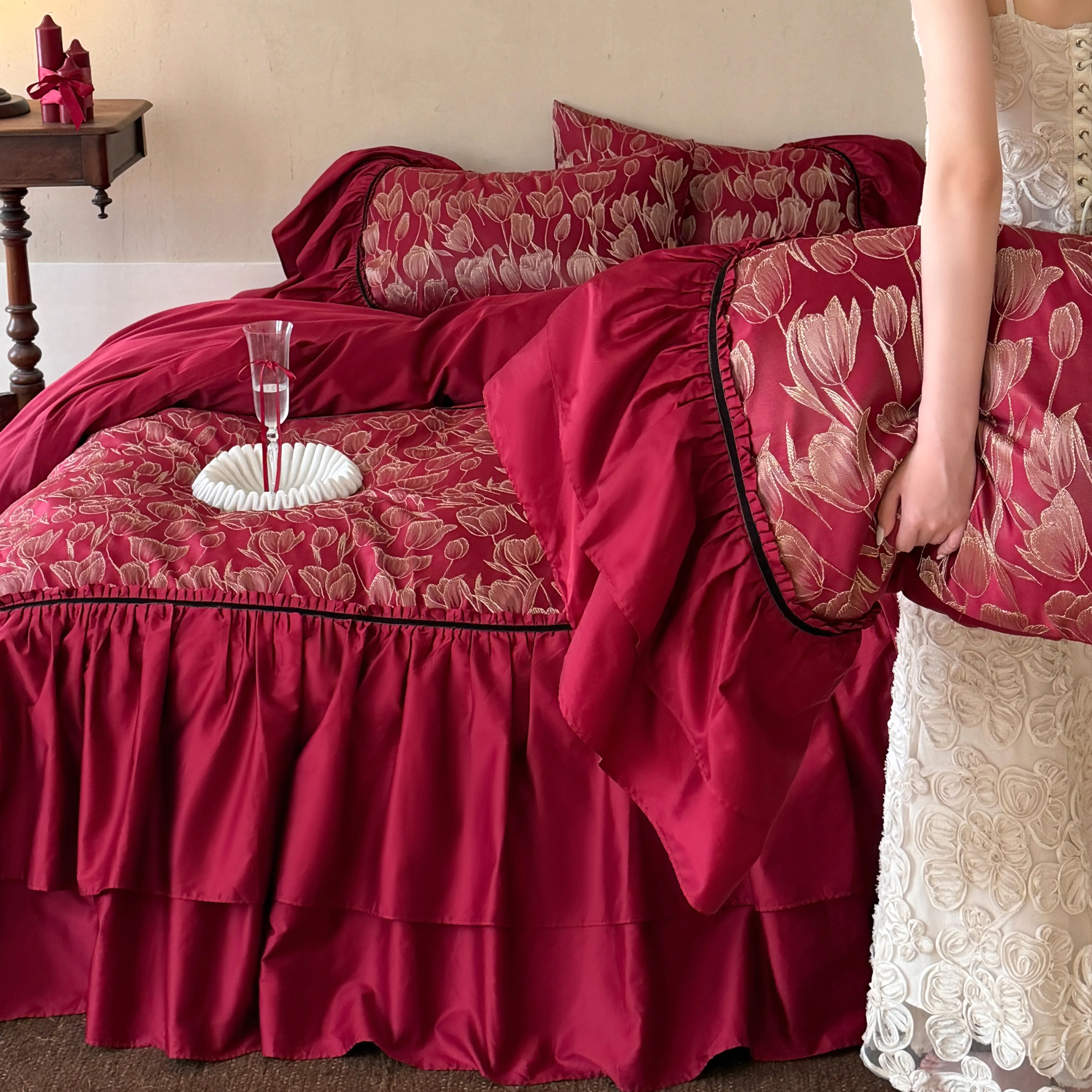 Vintage Gold Metallic Tulip Floral Ruffle Cotton Bedding Set Full Queen King Size12 Vintage Gold Metallic Tulip Floral Ruffle Cotton Bedding Set Full Queen King Size12