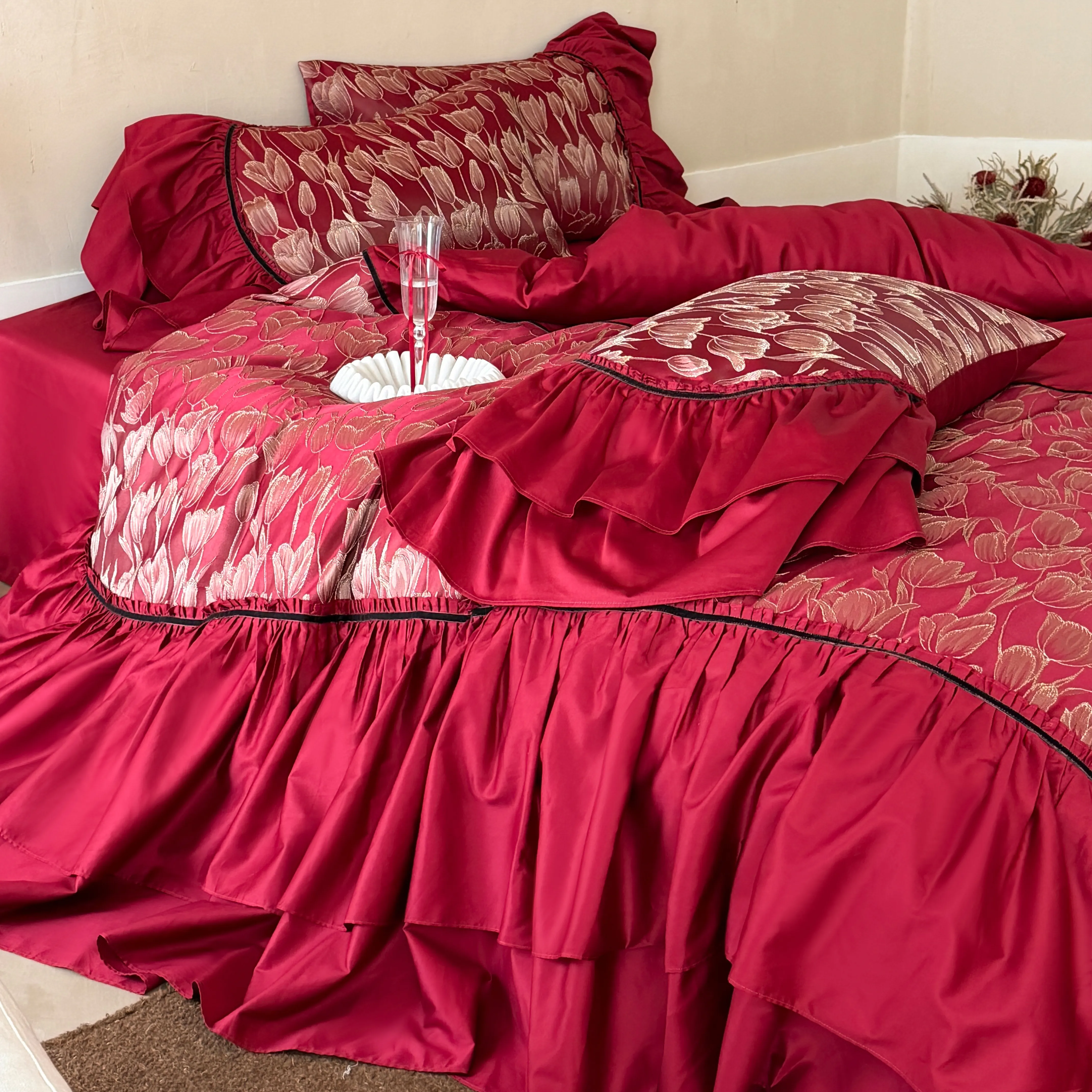 Vintage Gold Metallic Tulip Floral Ruffle Cotton Bedding Set Full Queen King Size16 Vintage Gold Metallic Tulip Floral Ruffle Cotton Bedding Set Full Queen King Size16