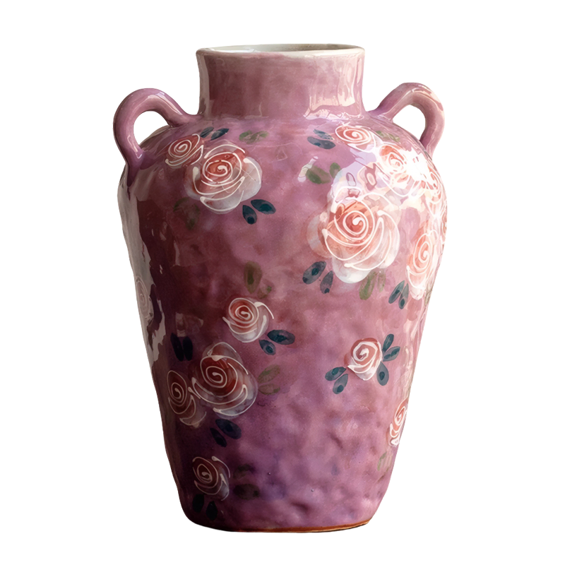 Vintage Hand-Painted Rose Floral Water Propagation Underglaze Ceramic Vase
